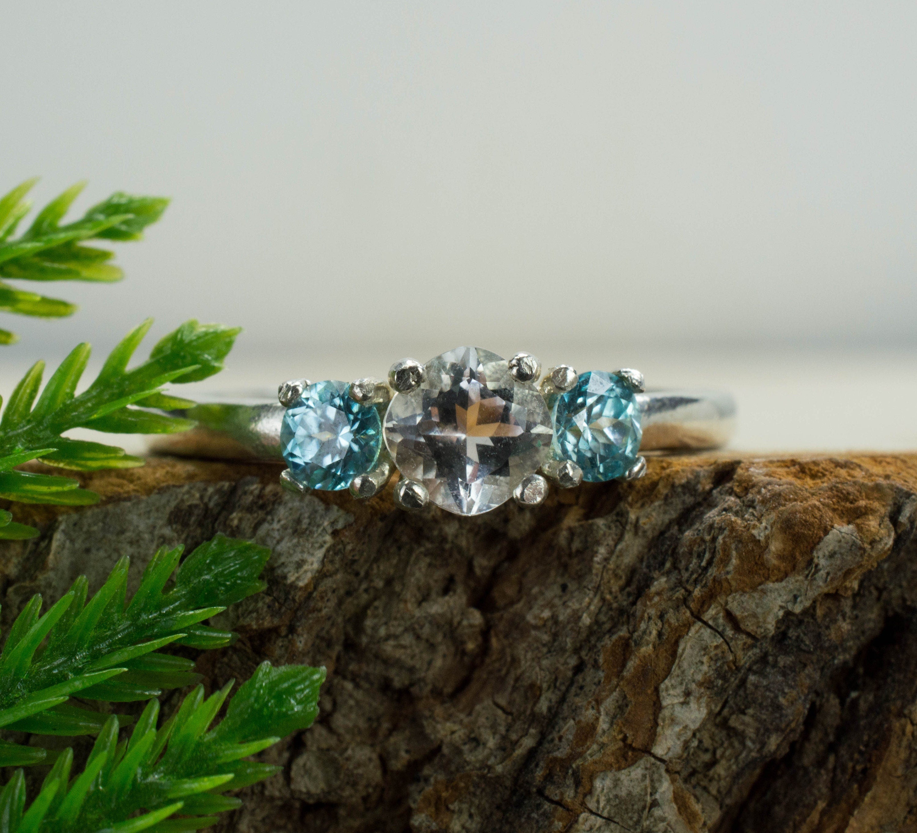 Tanzanian Quartz and Blue Zircon Sterling Silver Ring, Genuine Untreated Mondo Quartz and Cambodian Zircon; Blue Zircon Ring; Quartz Ring - Mark Oliver Gems