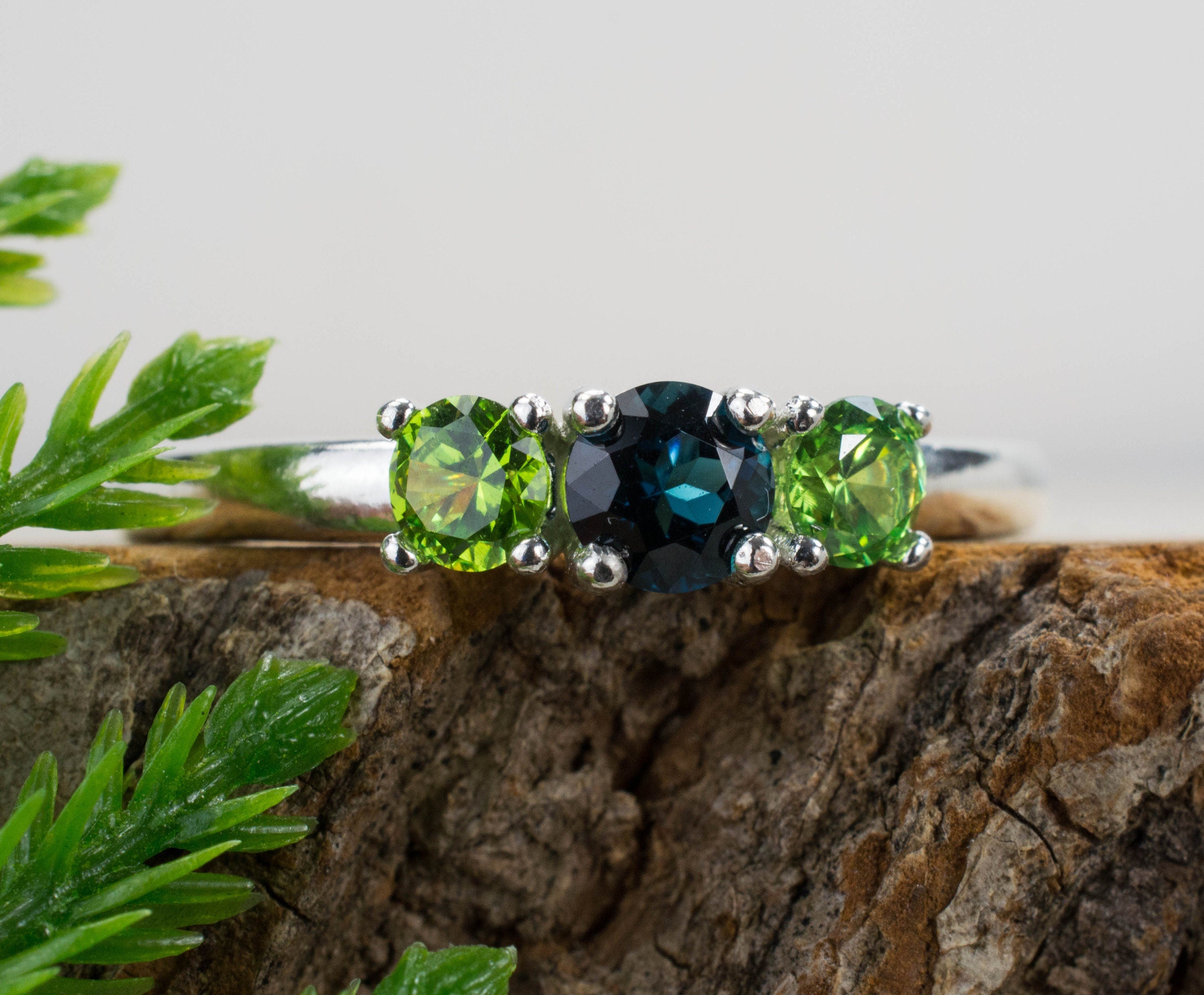 Indicolite Tourmaline and Demantoid Garnet Ring, Genuine Brazilian Indicolite and Demantoid Garnet; Demantoid Ring - Mark Oliver Gems