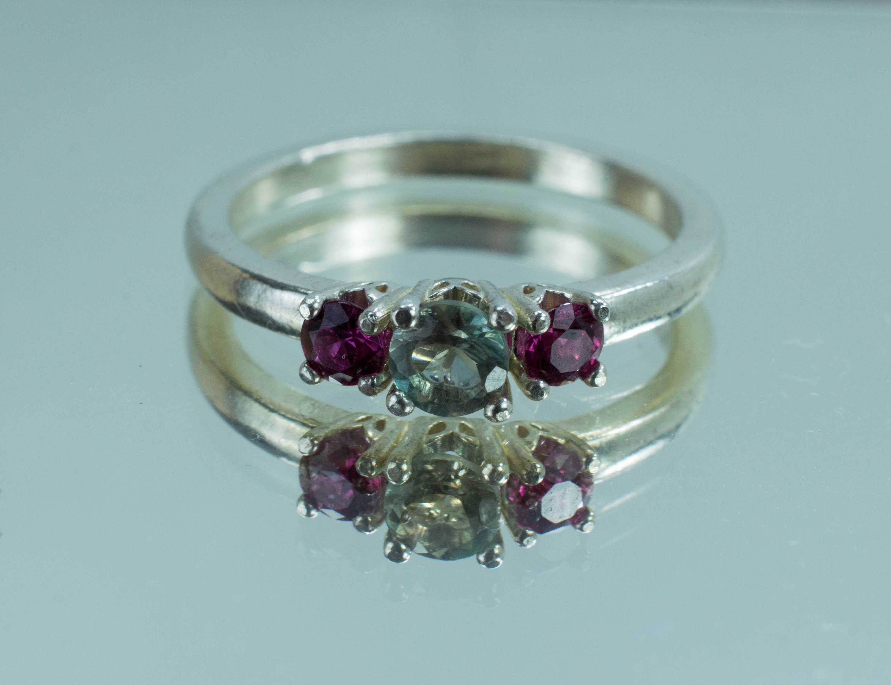 Oregon Sunstone and Ruby Sterling Silver Ring, Genuine Untreated Sunstone and Ruby; Sunstone Ring; Green Oregon Sunstone - Mark Oliver Gems