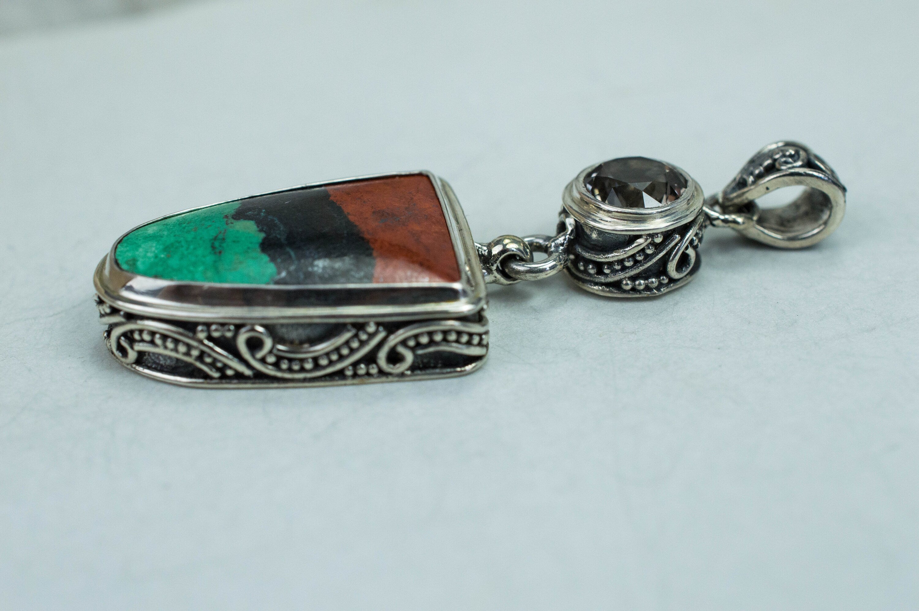 Sonora Sunset Chrysocolla and Smoky Quartz Pendant; Genuine Untreated Chrysocolla and Quartz - Mark Oliver Gems