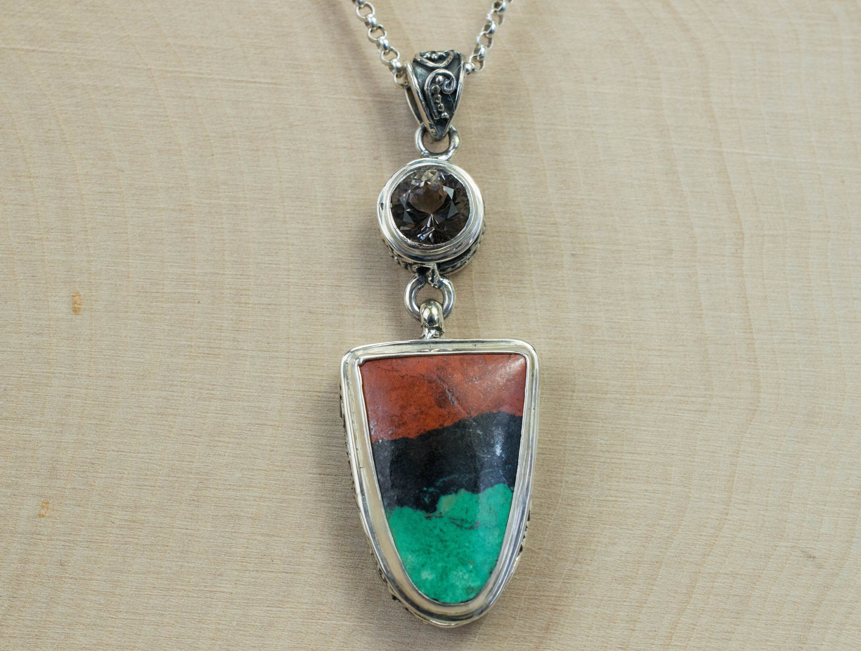 Sonora Sunset Chrysocolla and Smoky Quartz Pendant; Genuine Untreated Chrysocolla and Quartz - Mark Oliver Gems