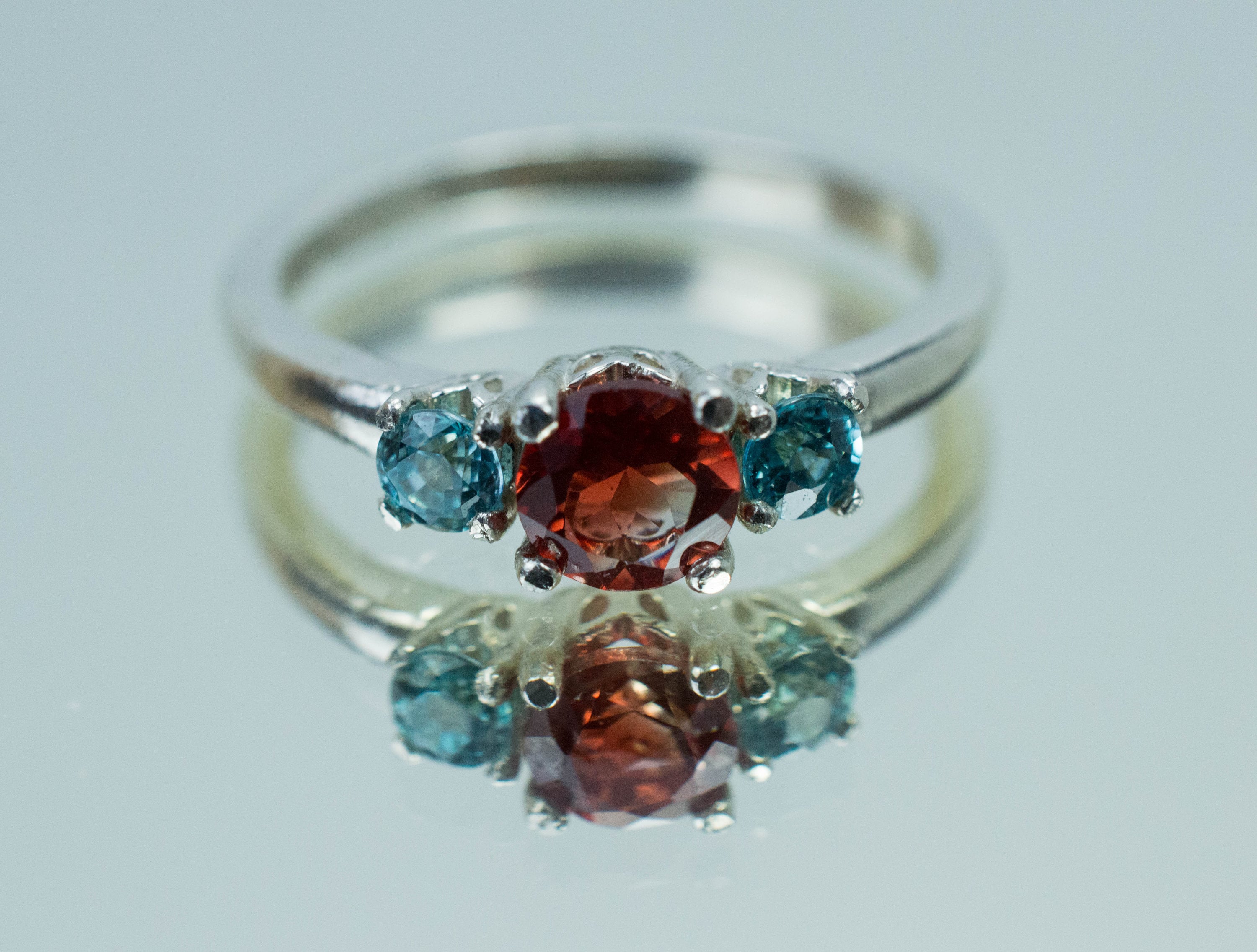 Oregon Sunstone and Blue Zircon Ring, Genuine Untreated Red Sunstone and Zircon - Mark Oliver Gems