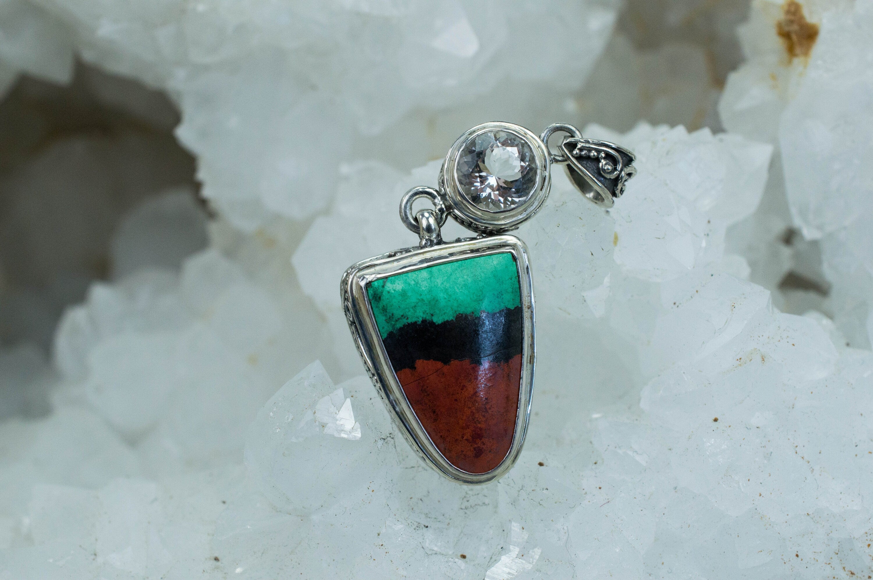 Sonora Sunset Chrysocolla and Quartz Pendant; Genuine Untreated Chrysocolla and Mondo Quartz - Mark Oliver Gems