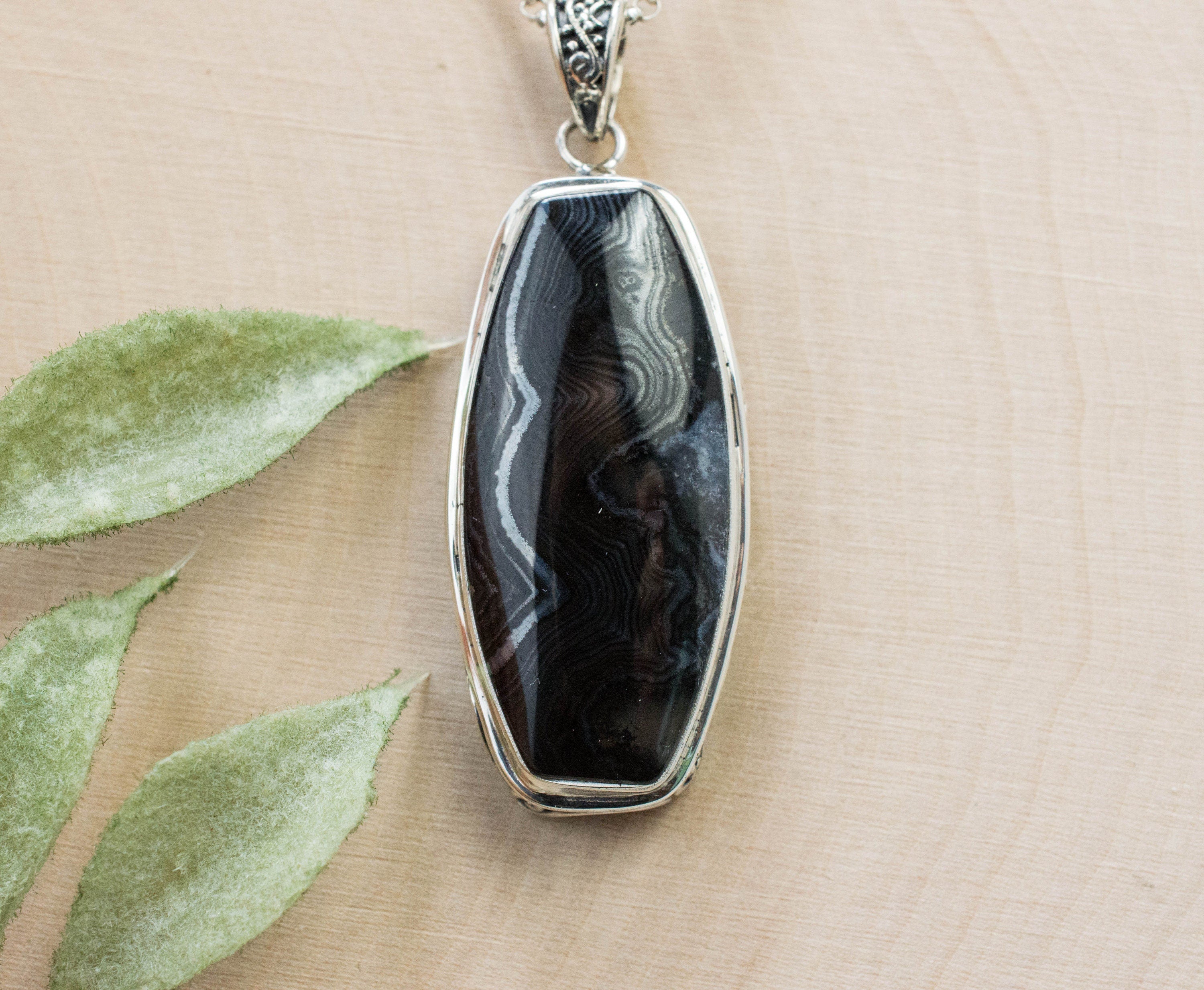 Banded Agate Pendant, Genuine Untreated Oregon Black Agate