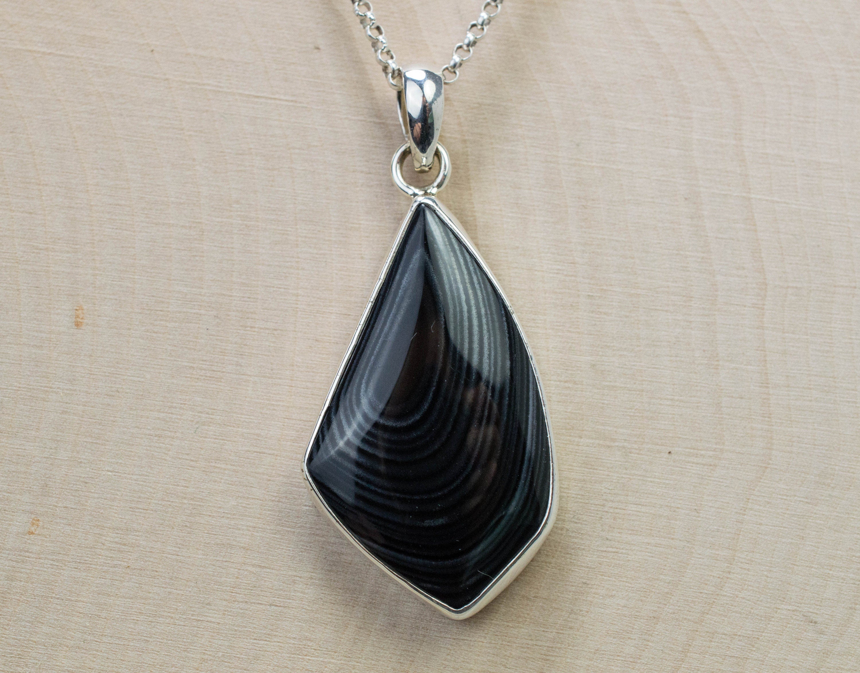 Banded Agate Pendant, Natural Untreated Oregon Black Agate