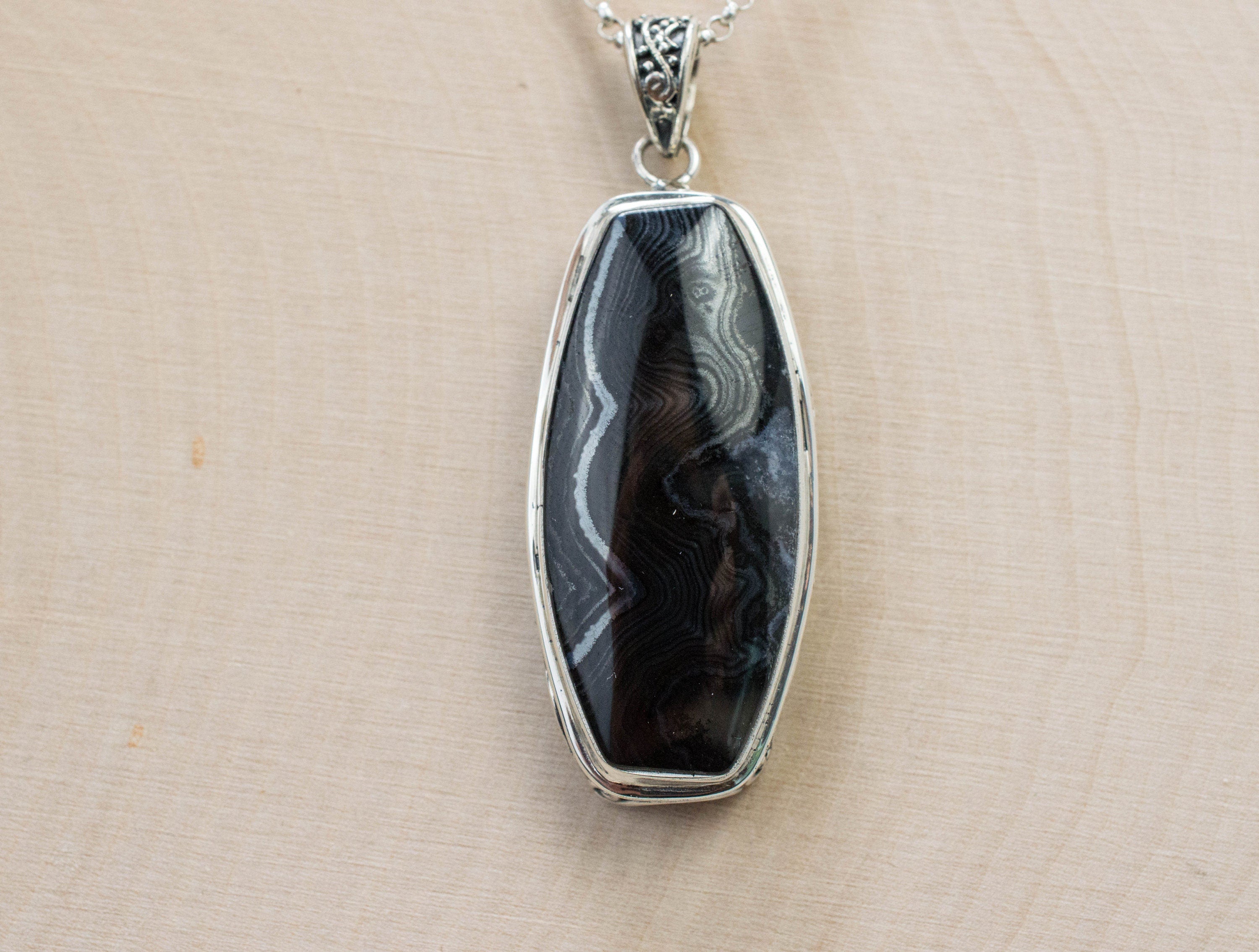 Banded Agate Pendant, Genuine Untreated Oregon Black Agate