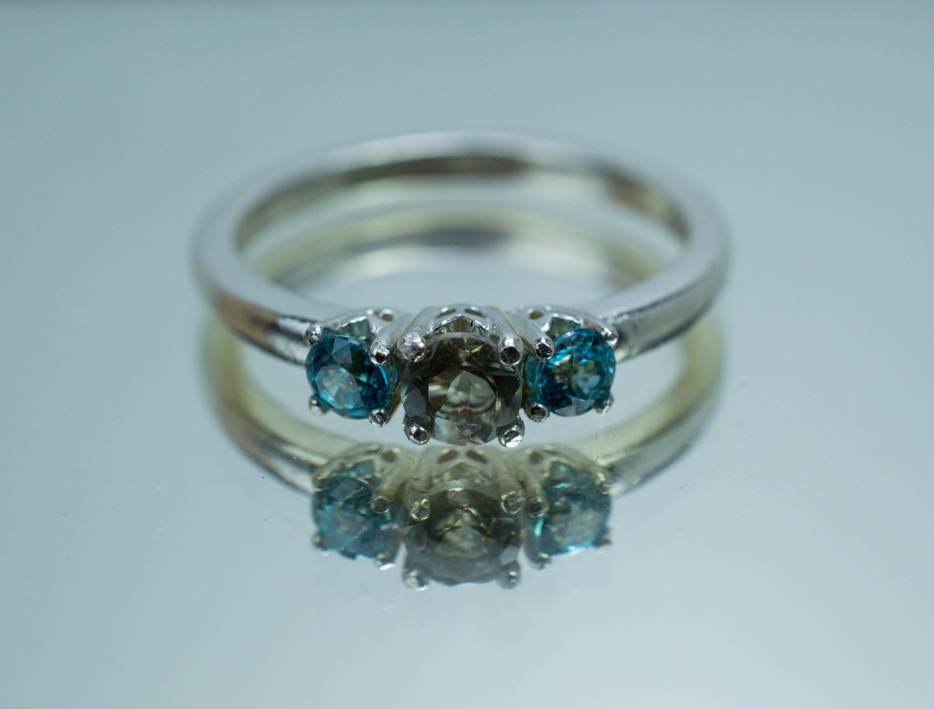 Oregon Sunstone and Zircon Ring, Genuine Untreated Sunstone and Blue Zircon