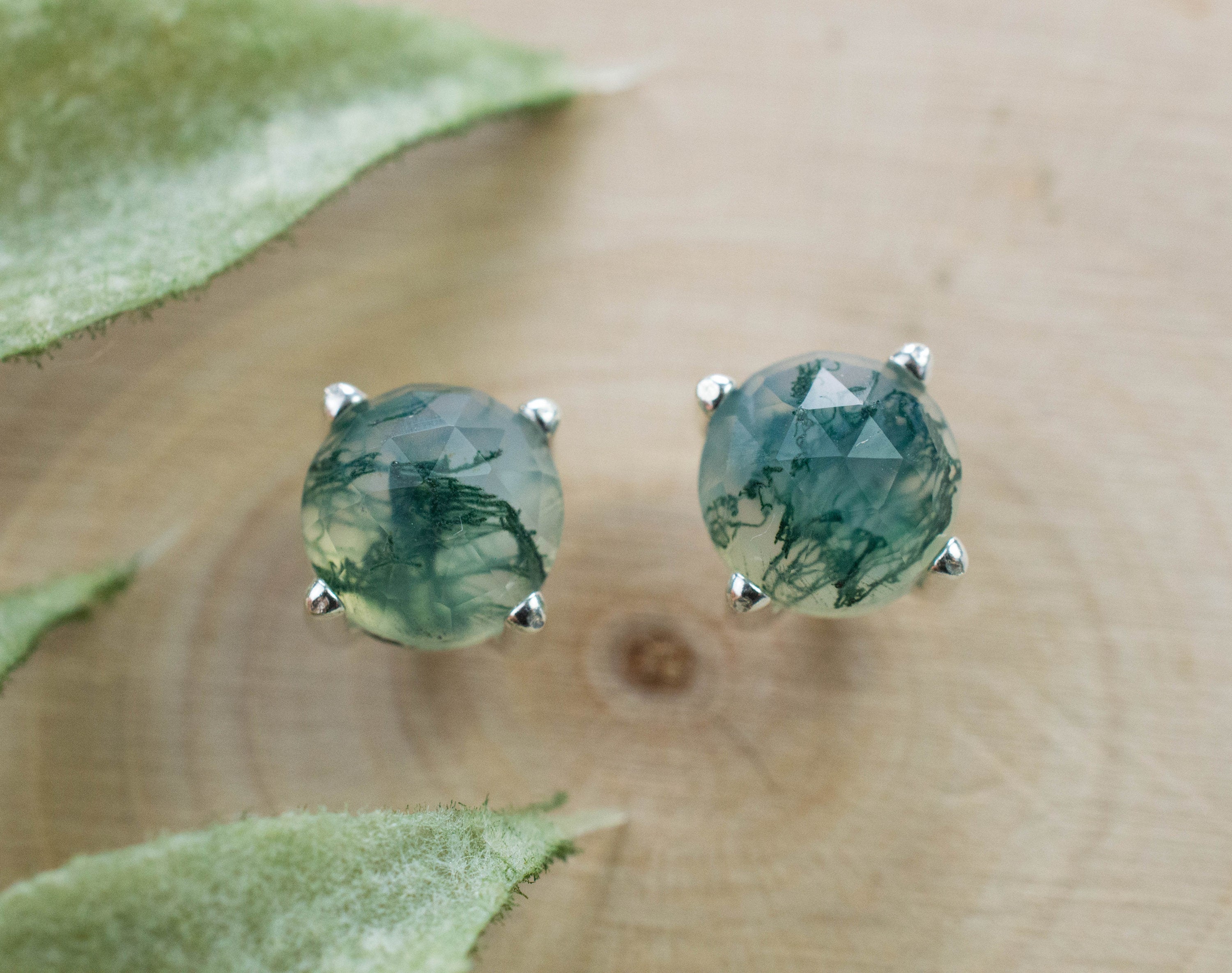 Green Moss Agate Earrings, Natural Untreated India Moss Agate; 2.380cts