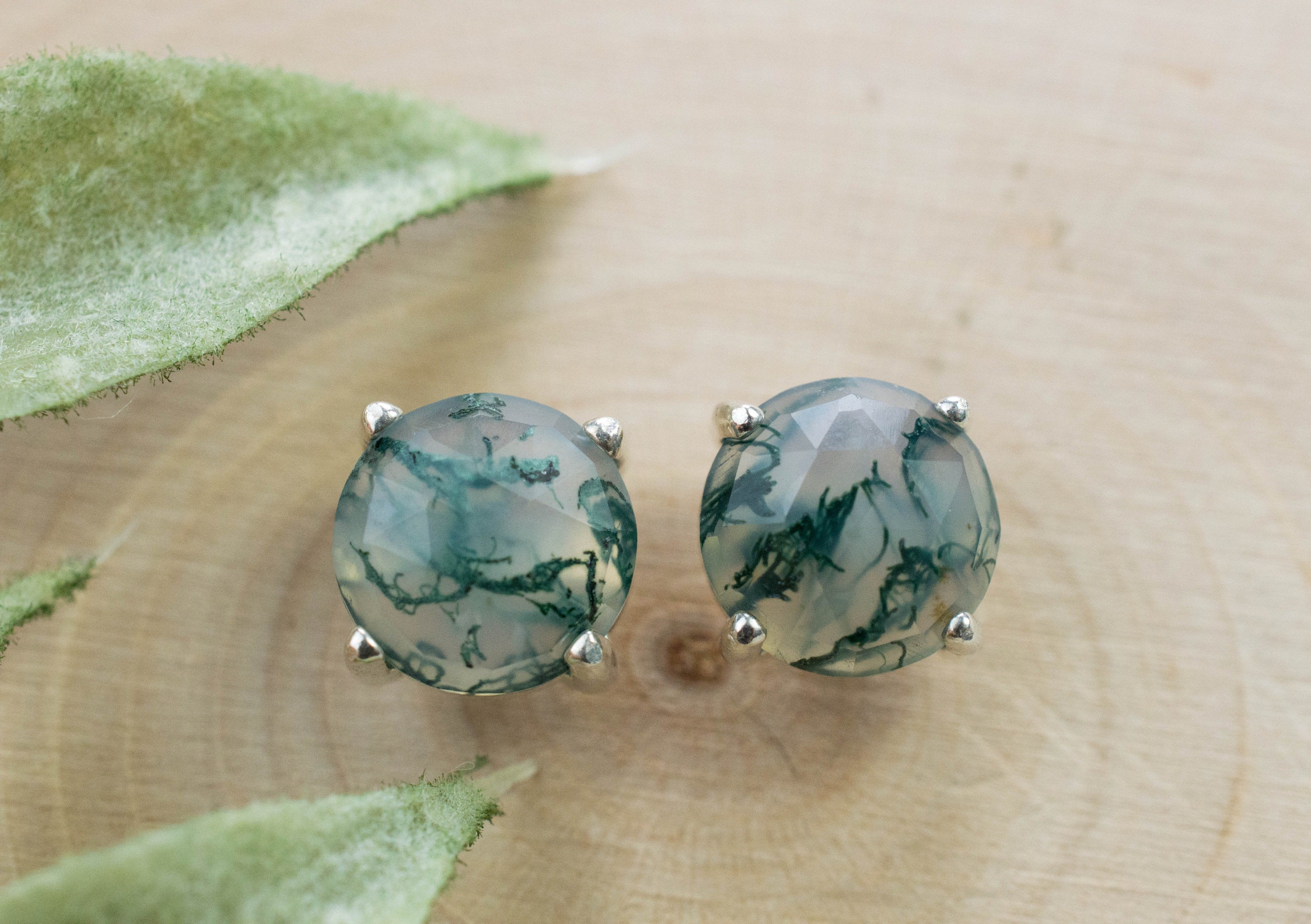 Green Moss Agate Earrings, Natural Untreated India Moss Agate; 3.580cts