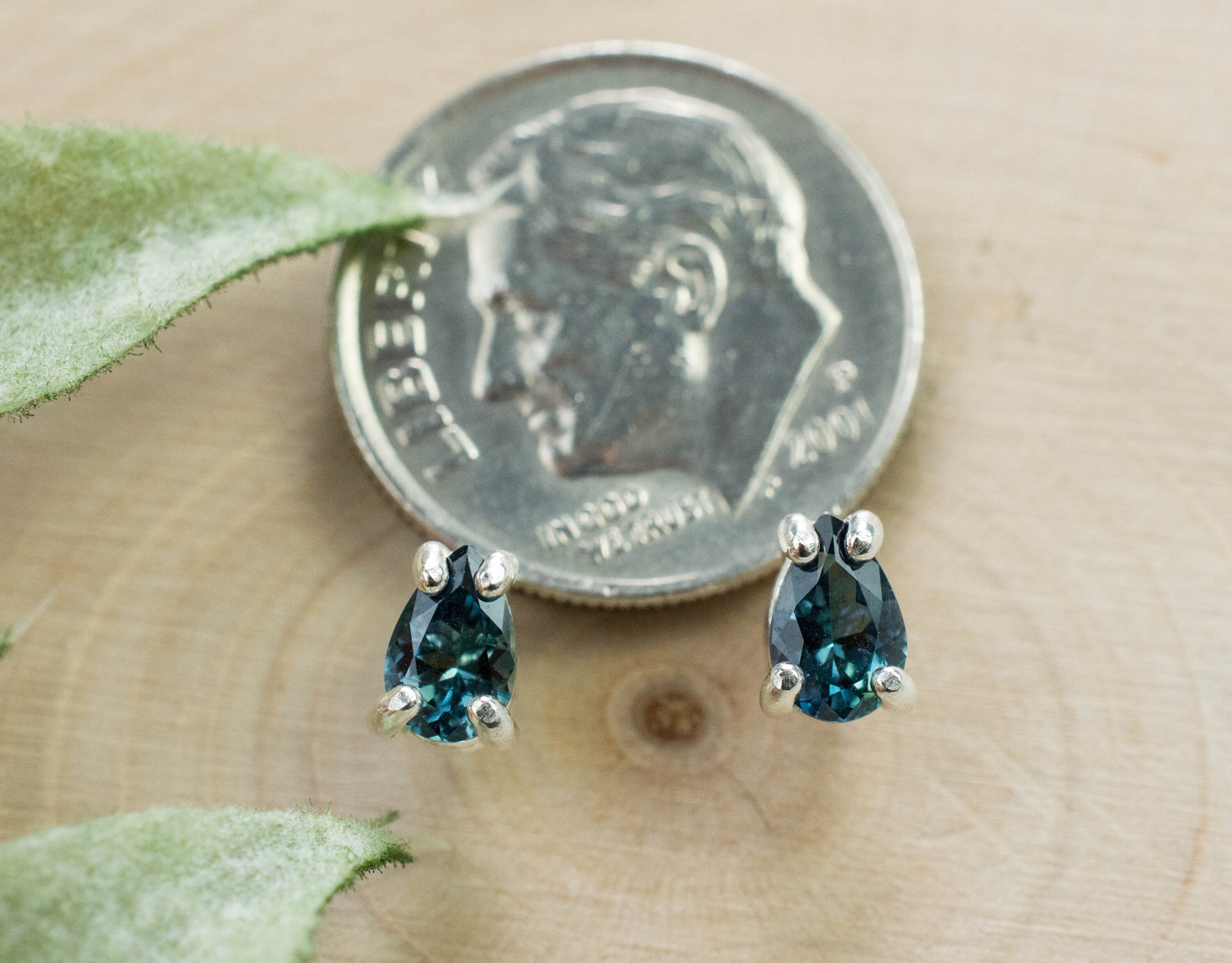 Teal Sapphire Earrings, Genuine Untreated Tanzania Sapphire; 0.705cts