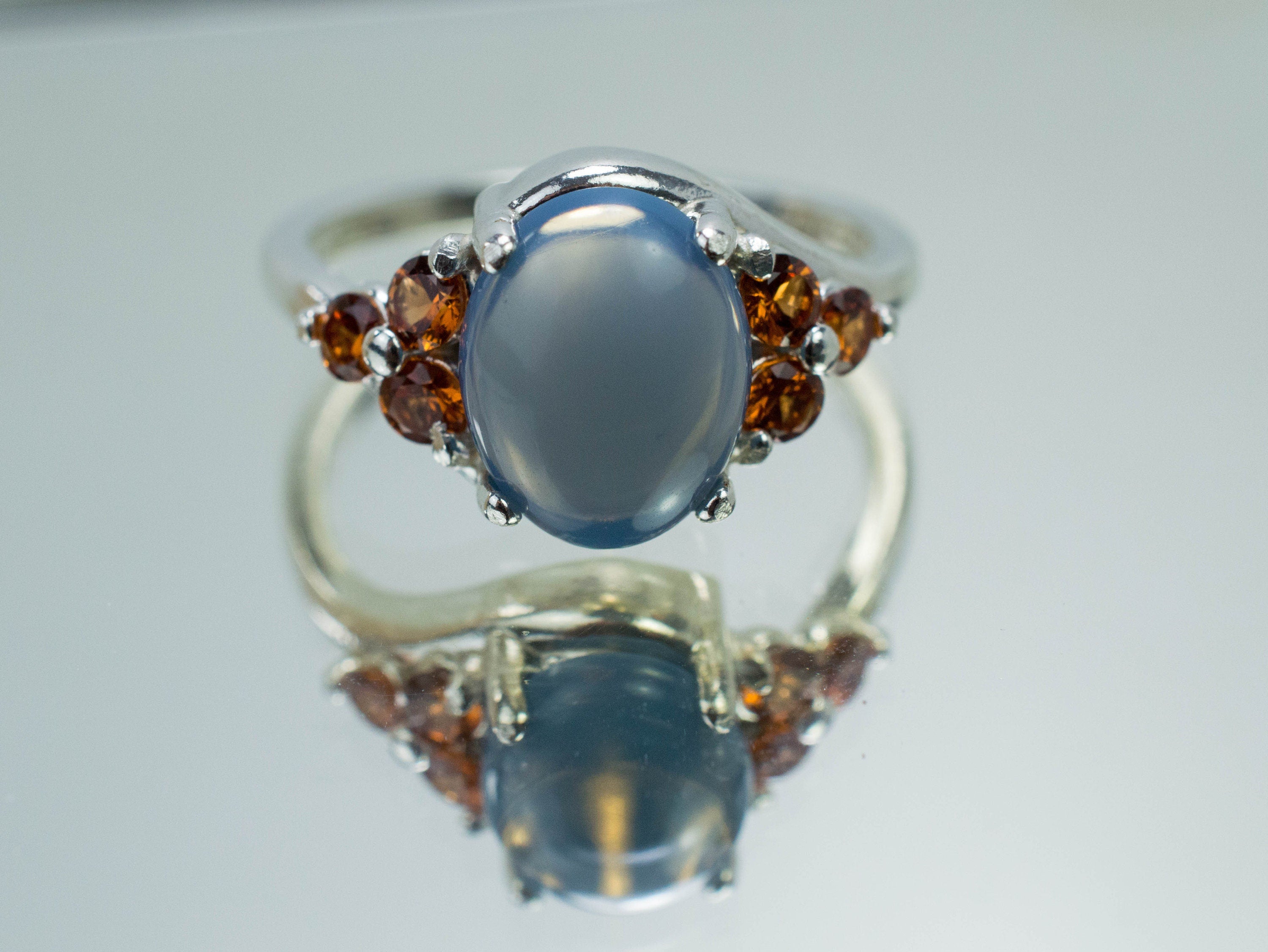 Blue Opal and Spessartite Garnet Ring; Natural Untreated Oregon Owyhee Opal and Tanzania Garnet