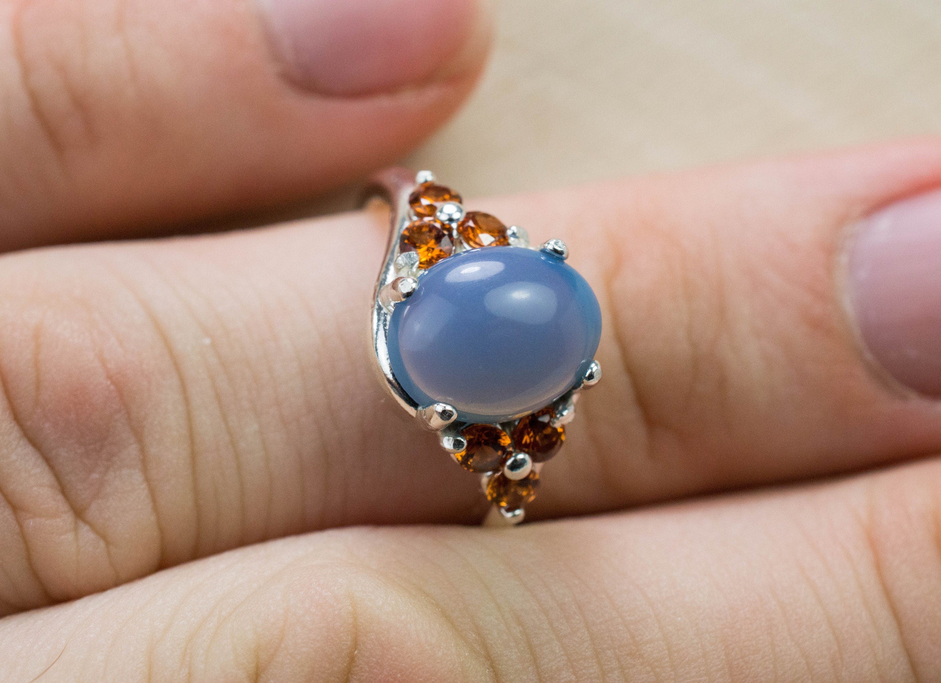 Blue Opal and Spessartite Garnet Ring; Natural Untreated Oregon Owyhee Opal and Tanzania Garnet