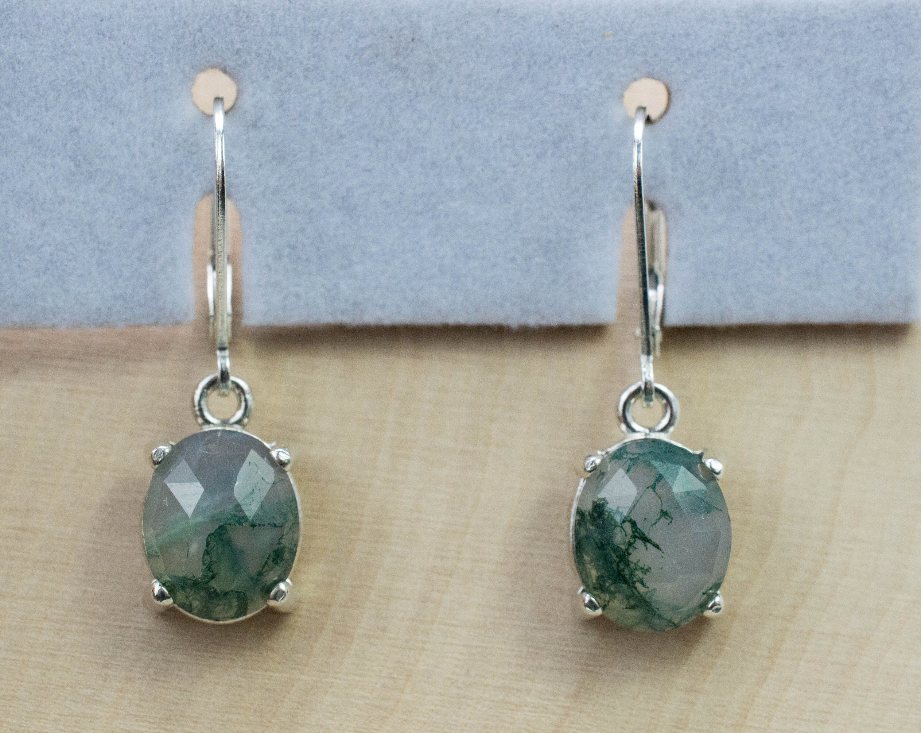 Green Moss Agate Earrings; Genuine Untreated India Moss Agate; 5.825cts