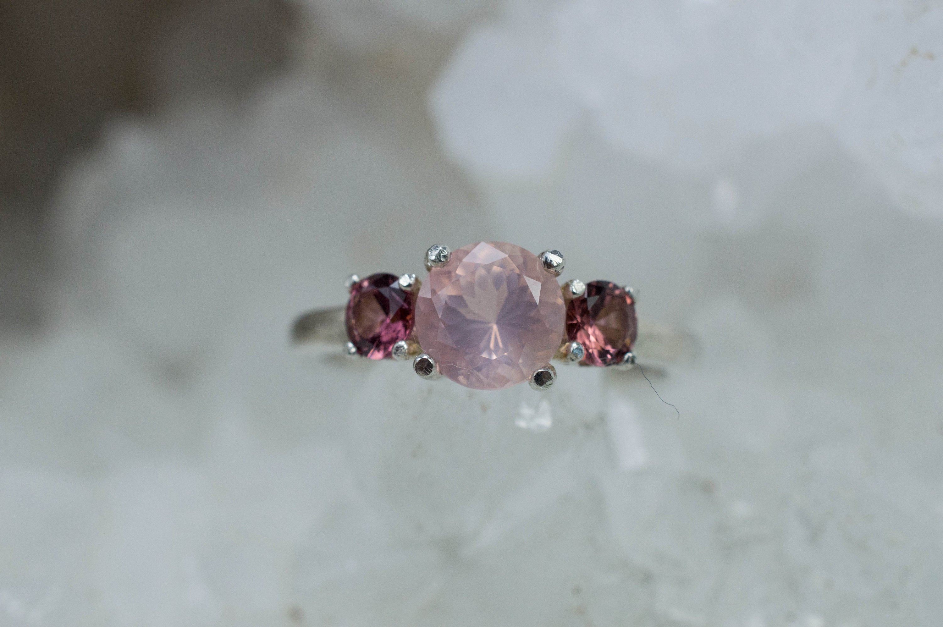 Rose Quartz and Umbalite Garnet Ring; Natural Untreated Brazil Quartz and Tanzania Garnet