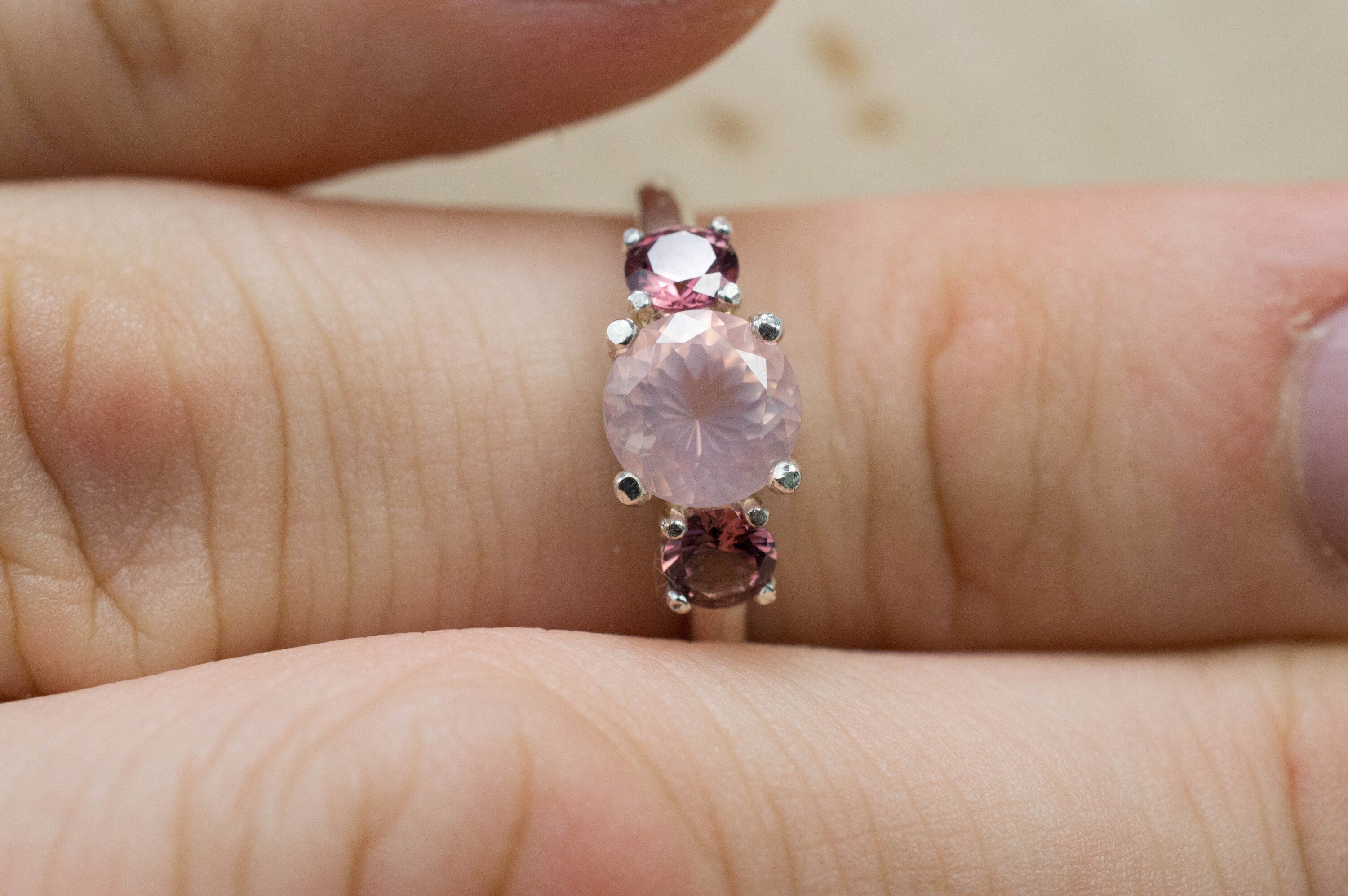 Rose Quartz and Umbalite Garnet Ring; Natural Untreated Brazil Quartz and Tanzania Garnet