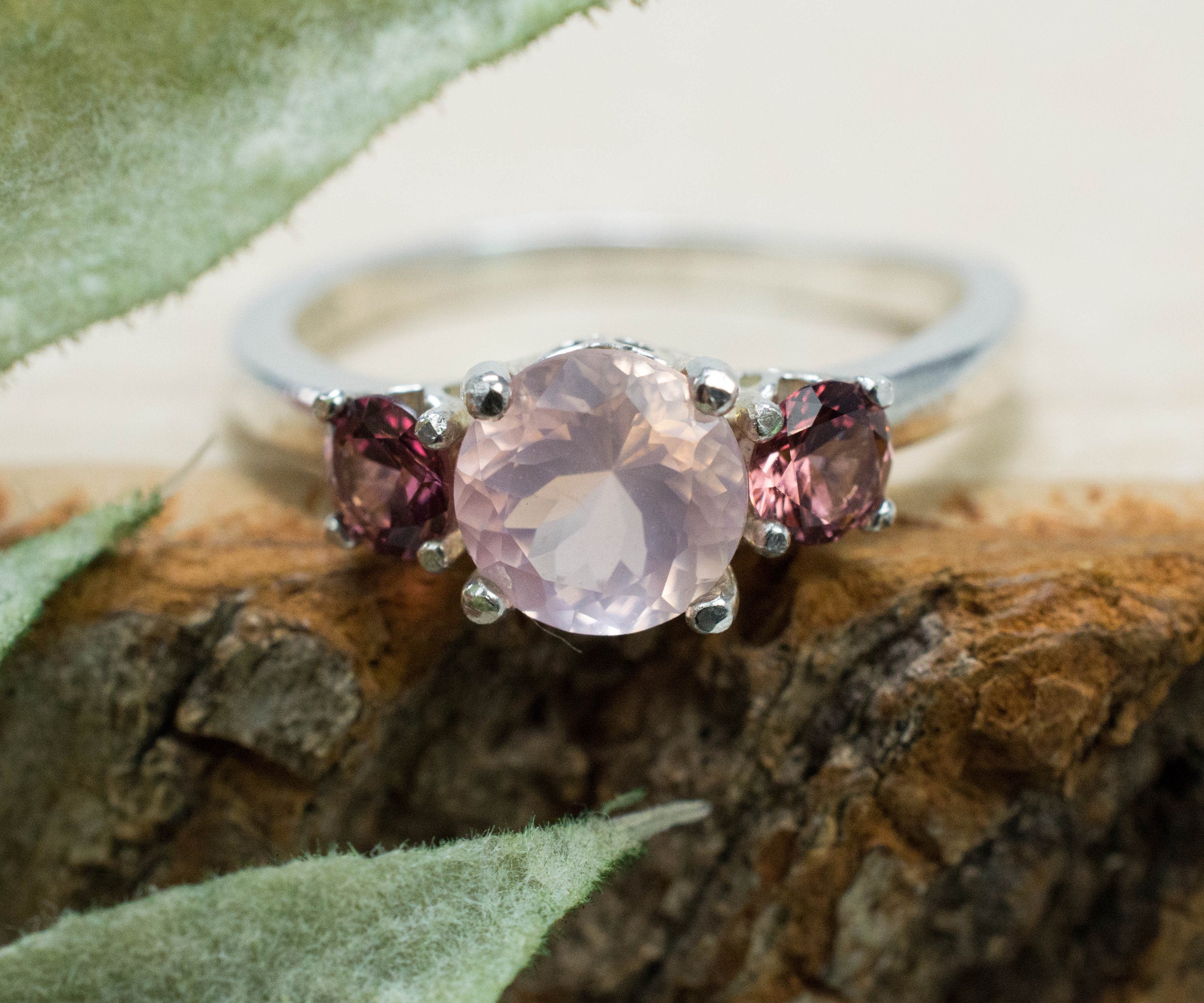 Rose Quartz and Umbalite Garnet Ring; Natural Untreated Brazil Quartz and Tanzania Garnet