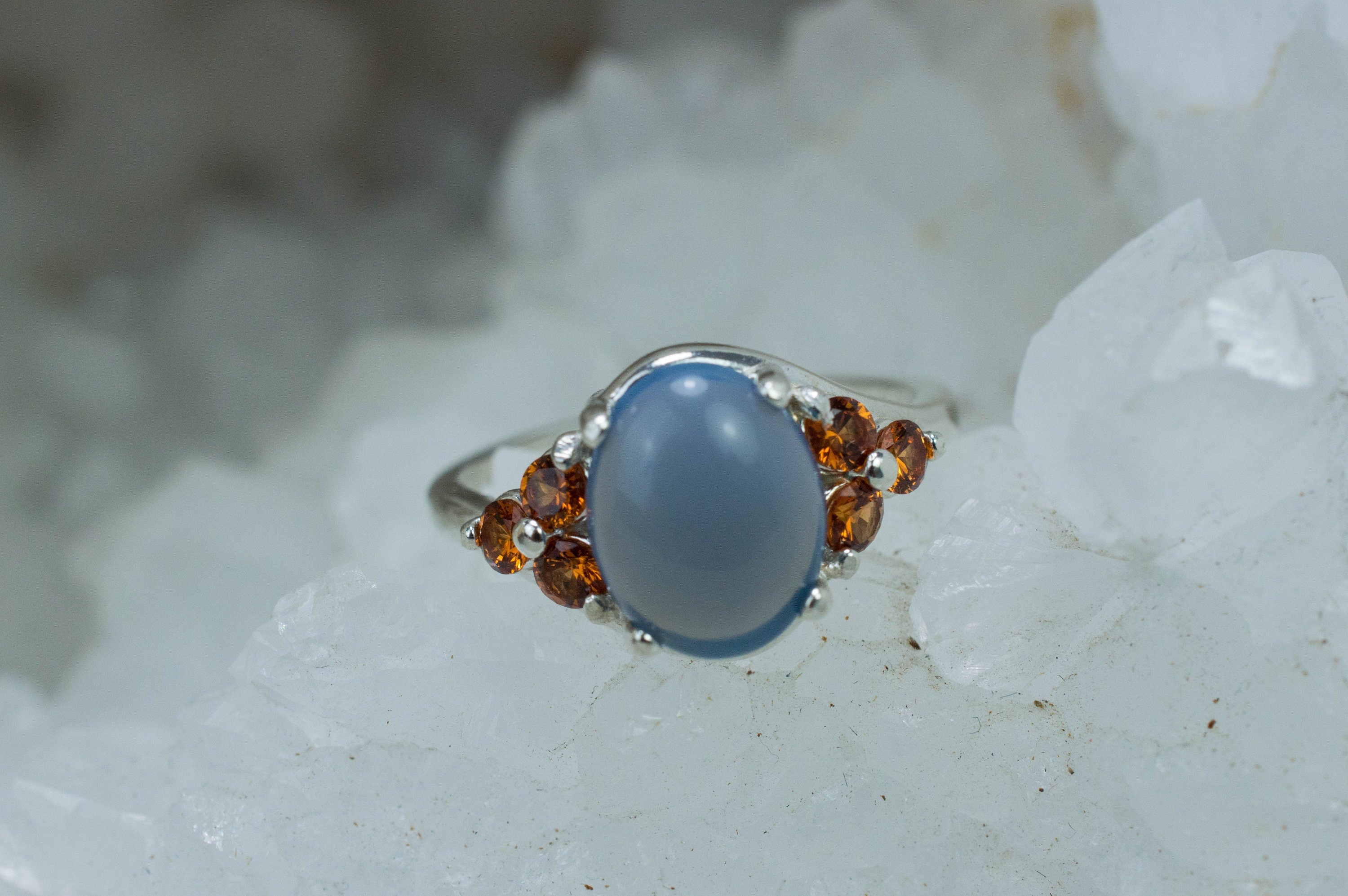 Blue Opal and Spessartite Garnet Ring; Natural Untreated Oregon Owyhee Opal and Tanzania Garnet