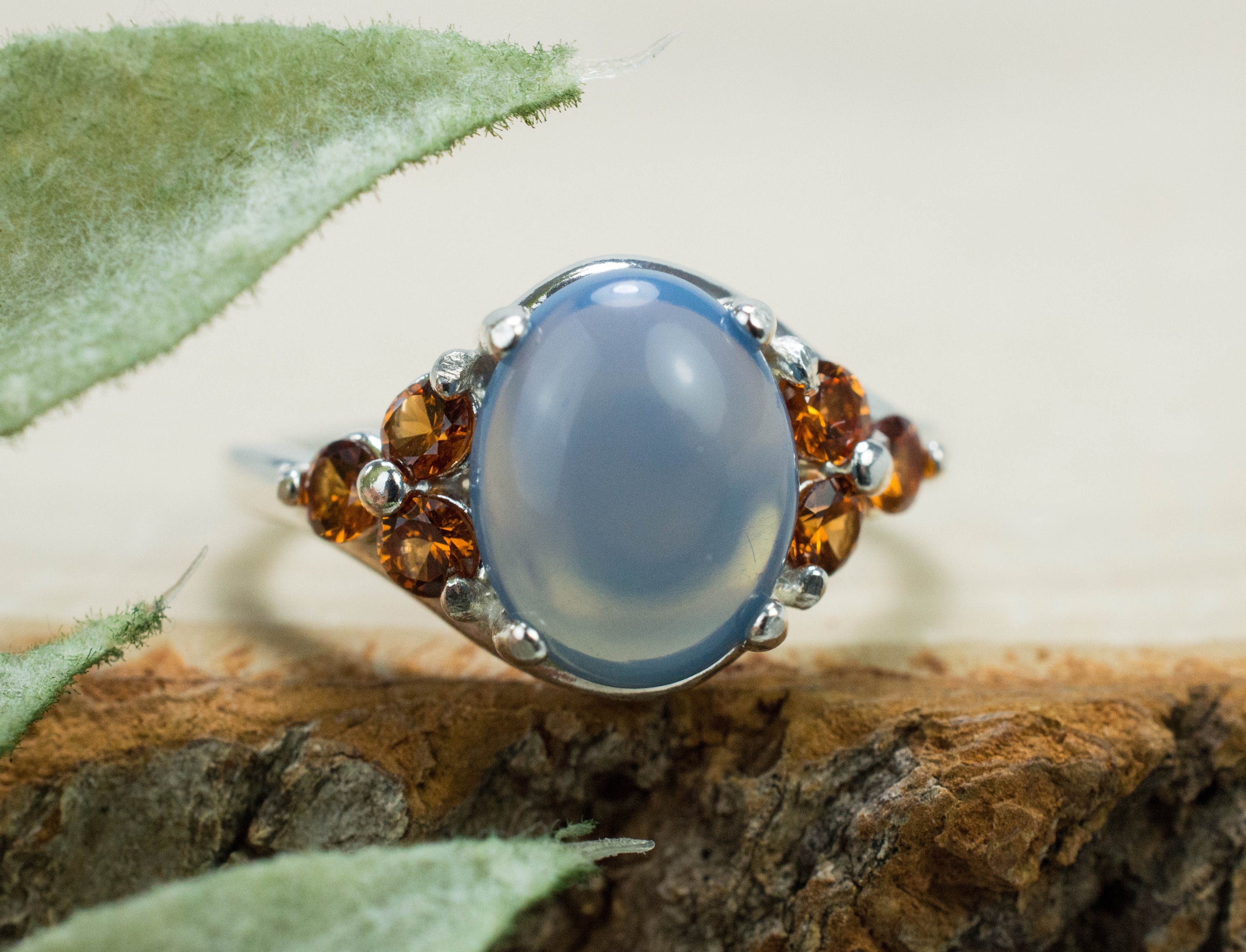 Blue Opal and Spessartite Garnet Ring; Natural Untreated Oregon Owyhee Opal and Tanzania Garnet