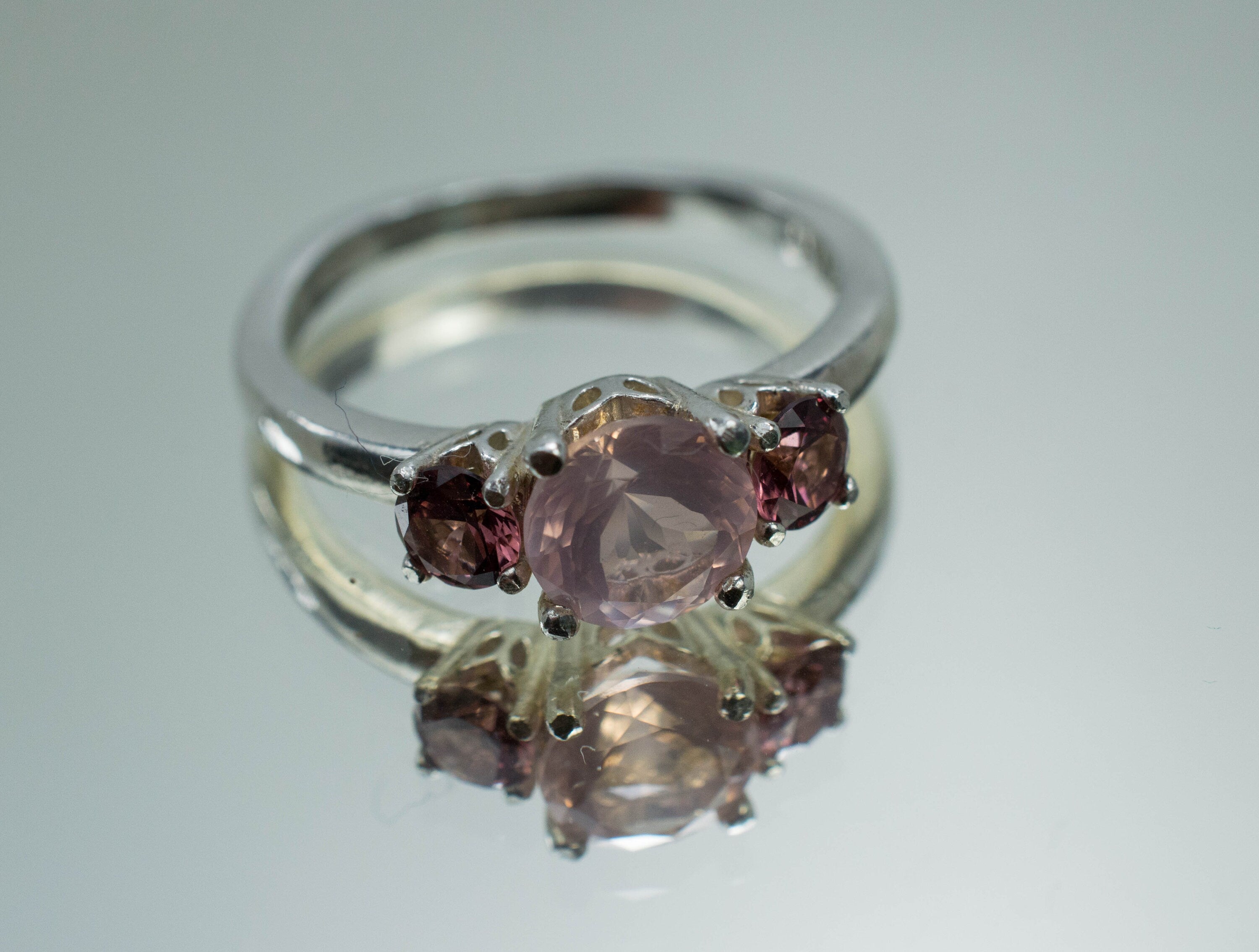 Rose Quartz and Umbalite Garnet Ring; Natural Untreated Brazil Quartz and Tanzania Garnet