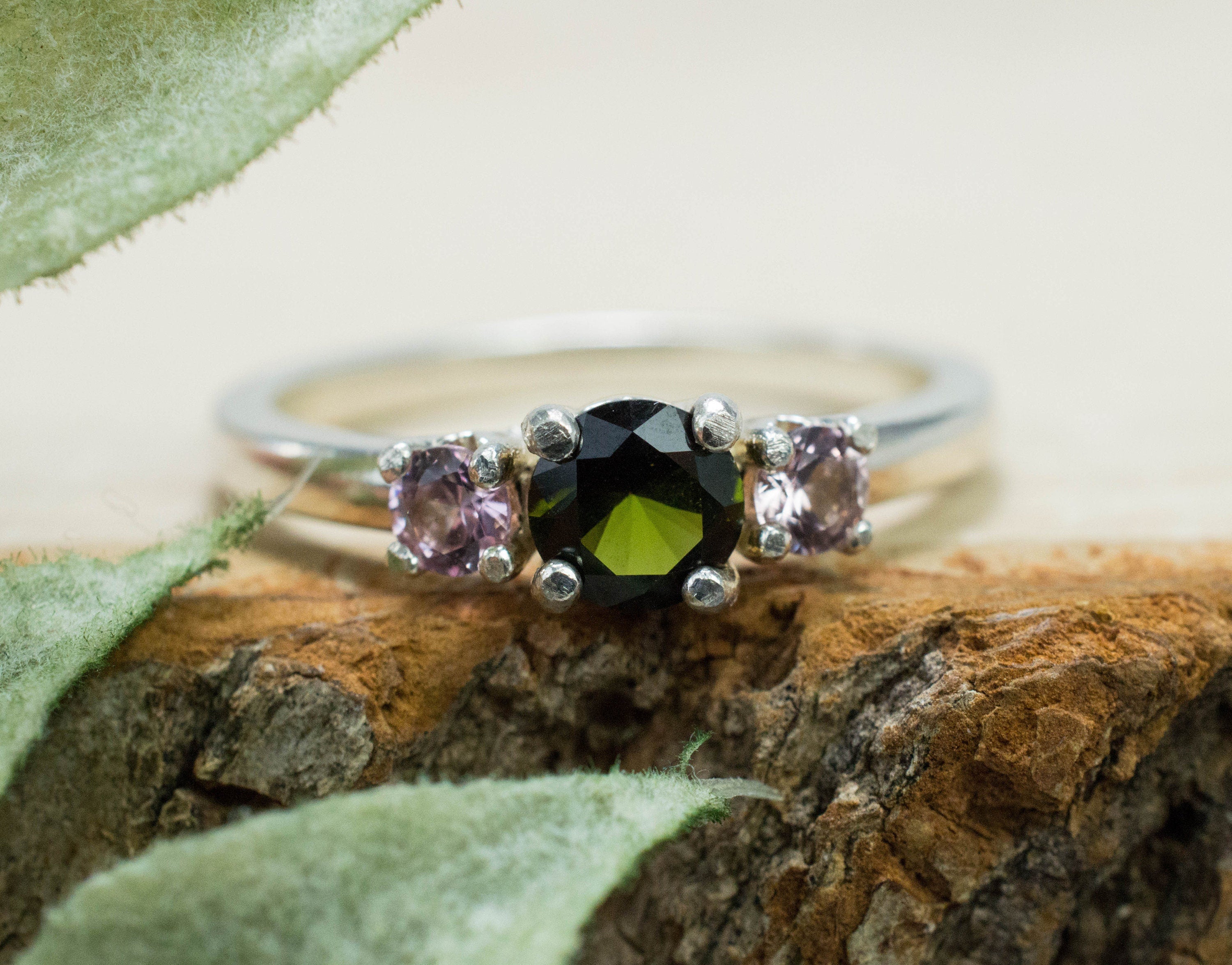 Tourmaline and Spinel Ring; Genuine Untreated Brazil Dravite Tourmaline and Vietnam Lavender Spinel