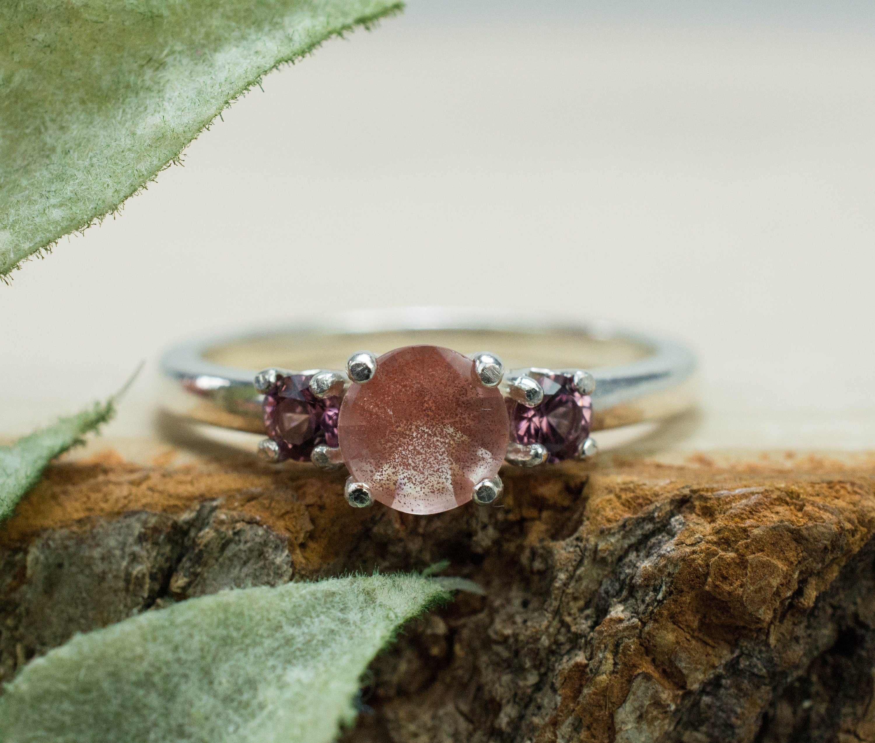 Oregon Sunstone and Cranverry Garnet Ring; Natural Untreated USA Sunstone; and Tanzania Garnet