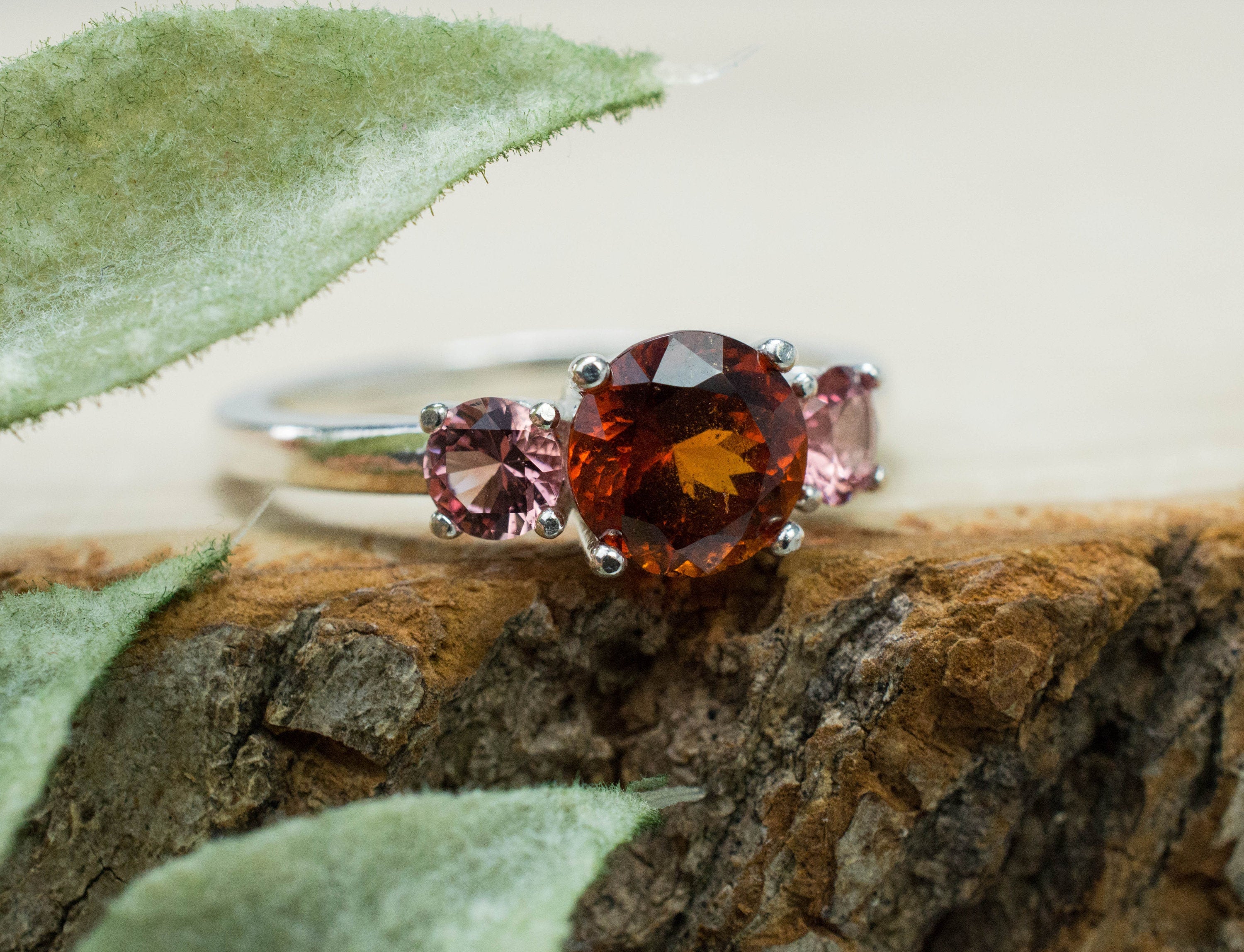 Hessonite Garnet and Pink Spinel Ring; Genuine Untreated Sri Lanka Garnet and Vietnam Spinel