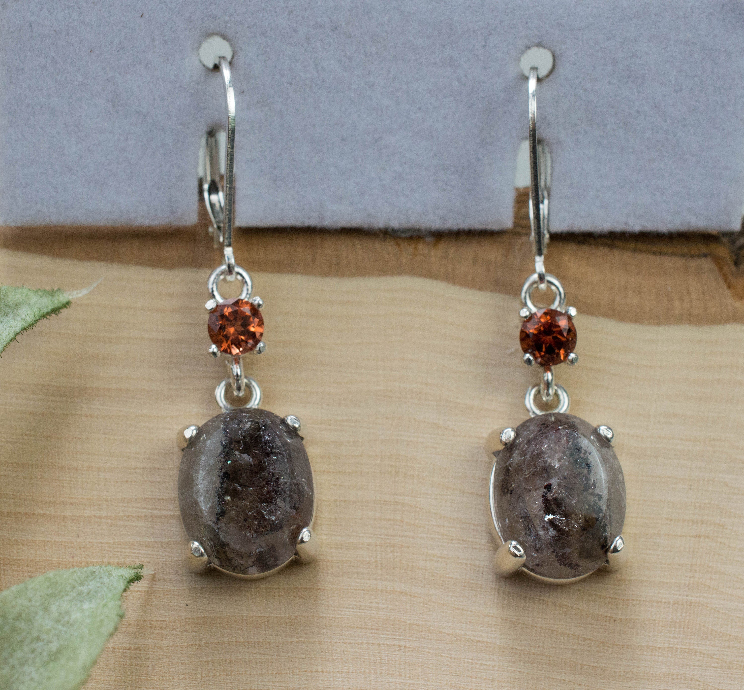 Super Seven Quartz Earrings, Natural Untreated Brazil Quartz and Kenya Garnet