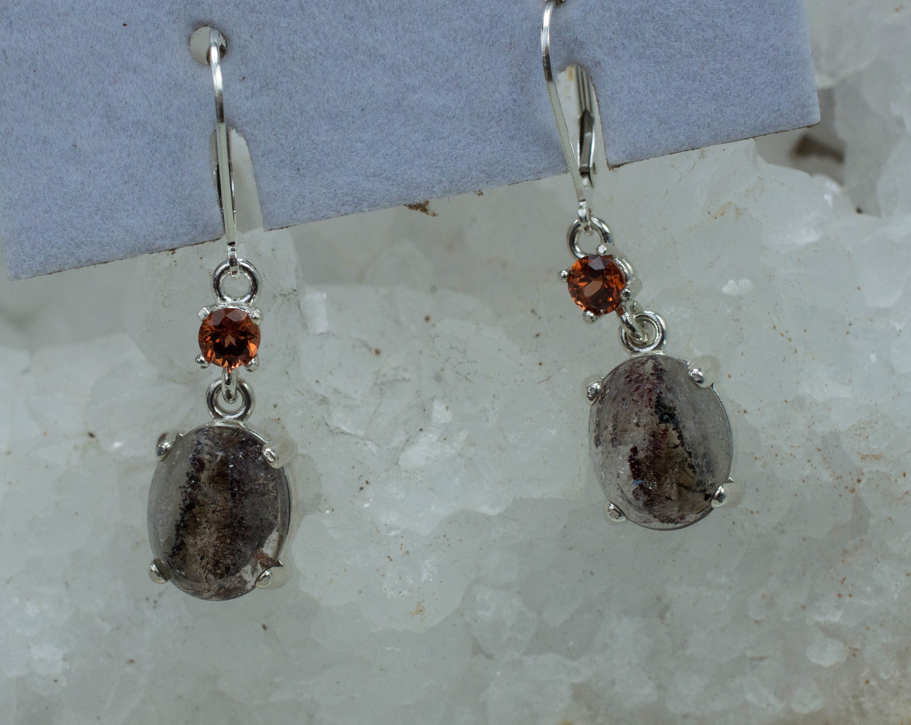 Super Seven Quartz Earrings, Natural Untreated Brazil Quartz and Kenya Garnet