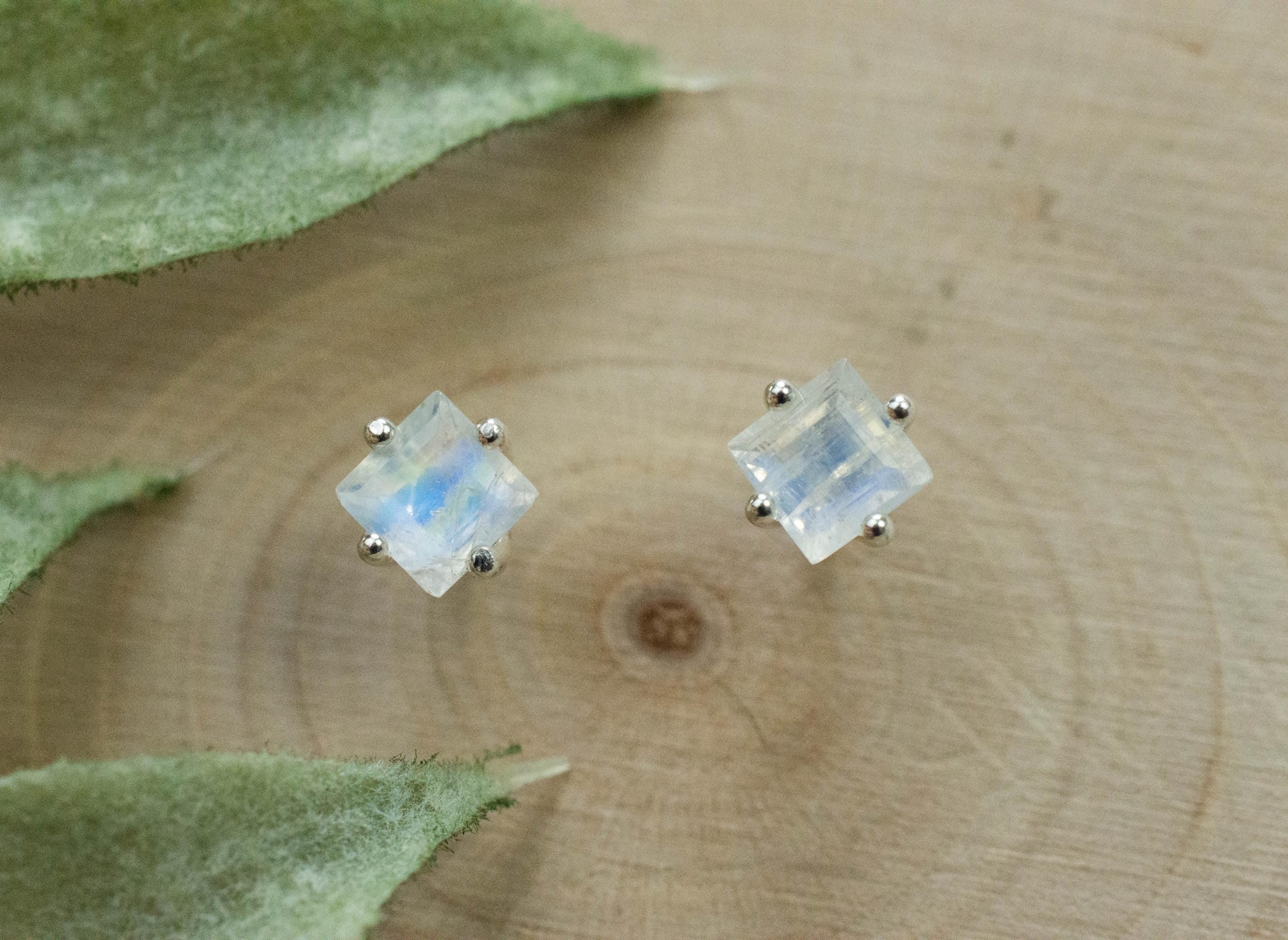 Rainbow Moonstone Earrings, Genuine Untreated India Moonstone; 0.720cts