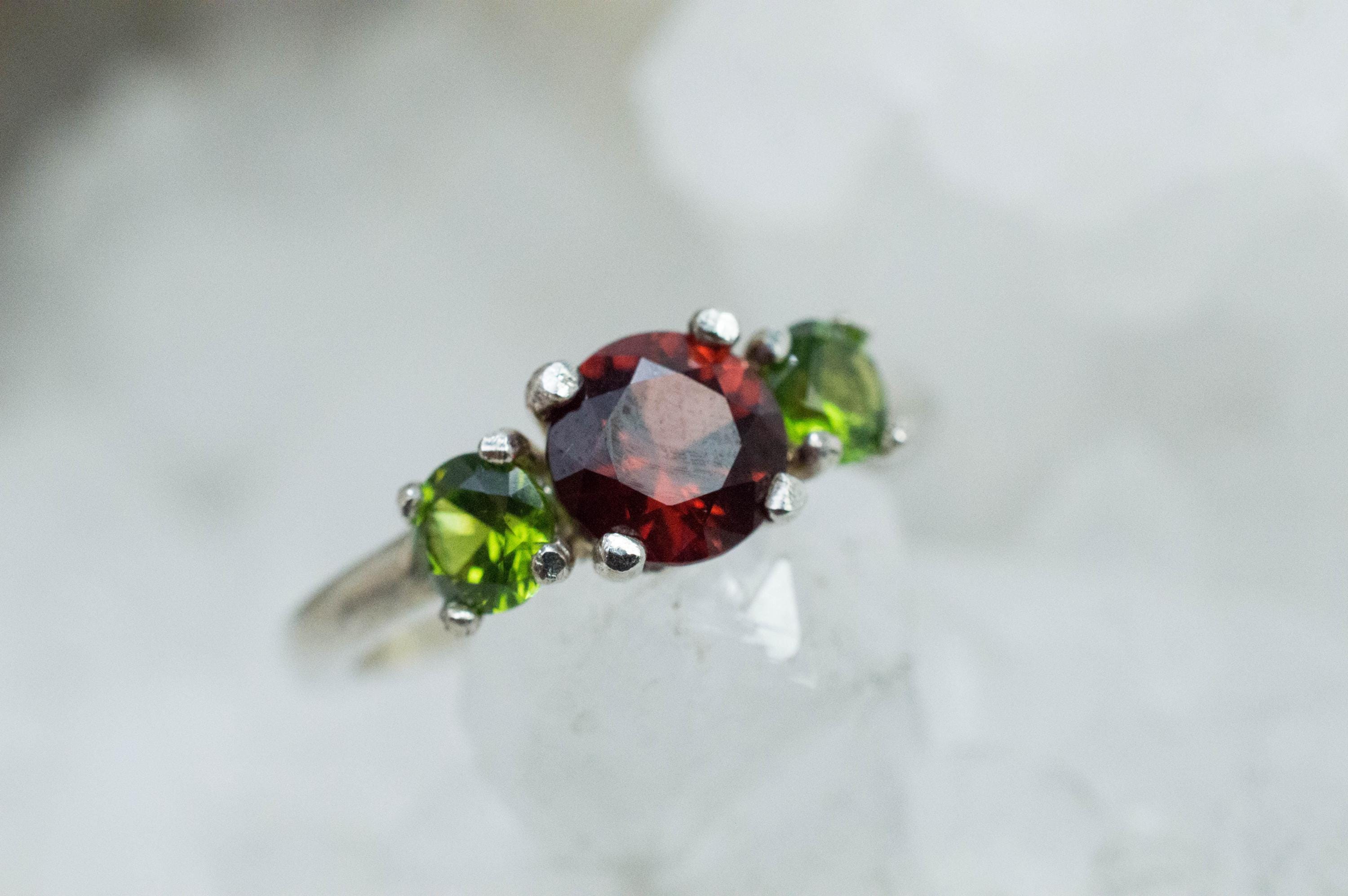 Pyrope Garnet and Green Zircon Ring; Genuine Untreated Garnet and Zircon