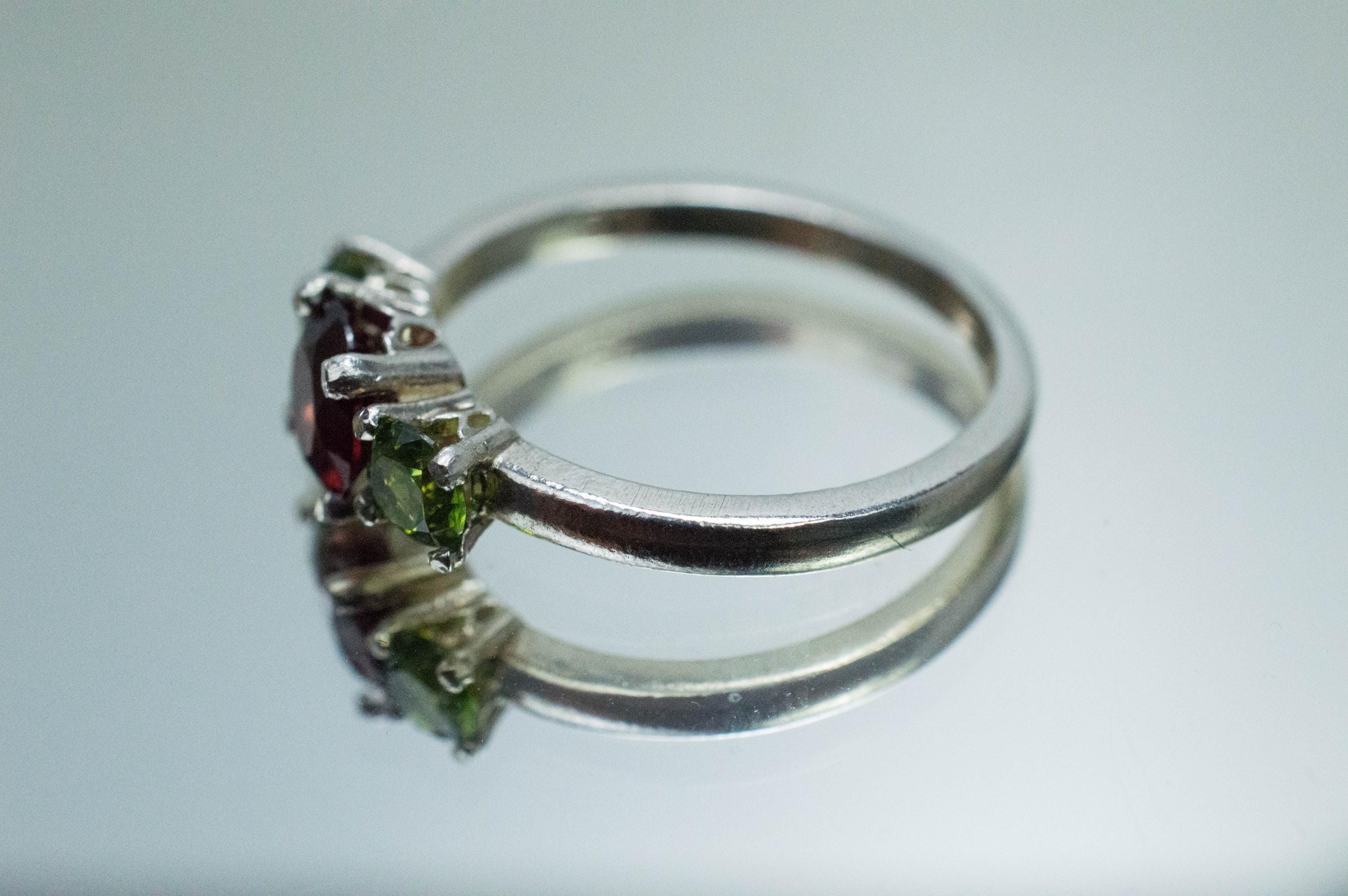 Pyrope Garnet and Green Zircon Ring; Genuine Untreated Garnet and Zircon