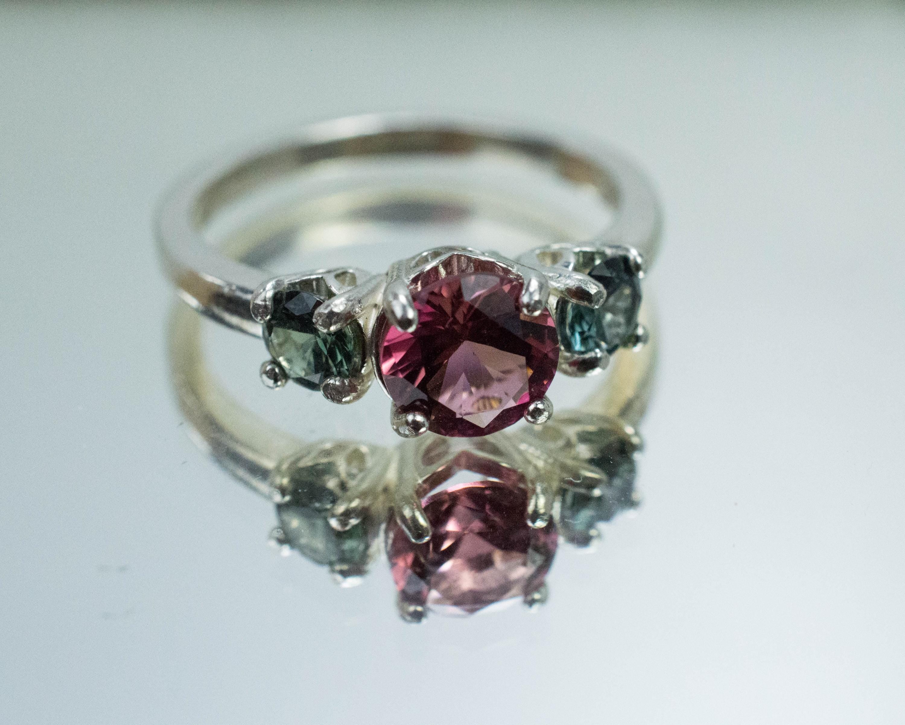 Pink Tourmaline and Sapphire Ring, Natural Untreated Tourmaline Teal Sapphire