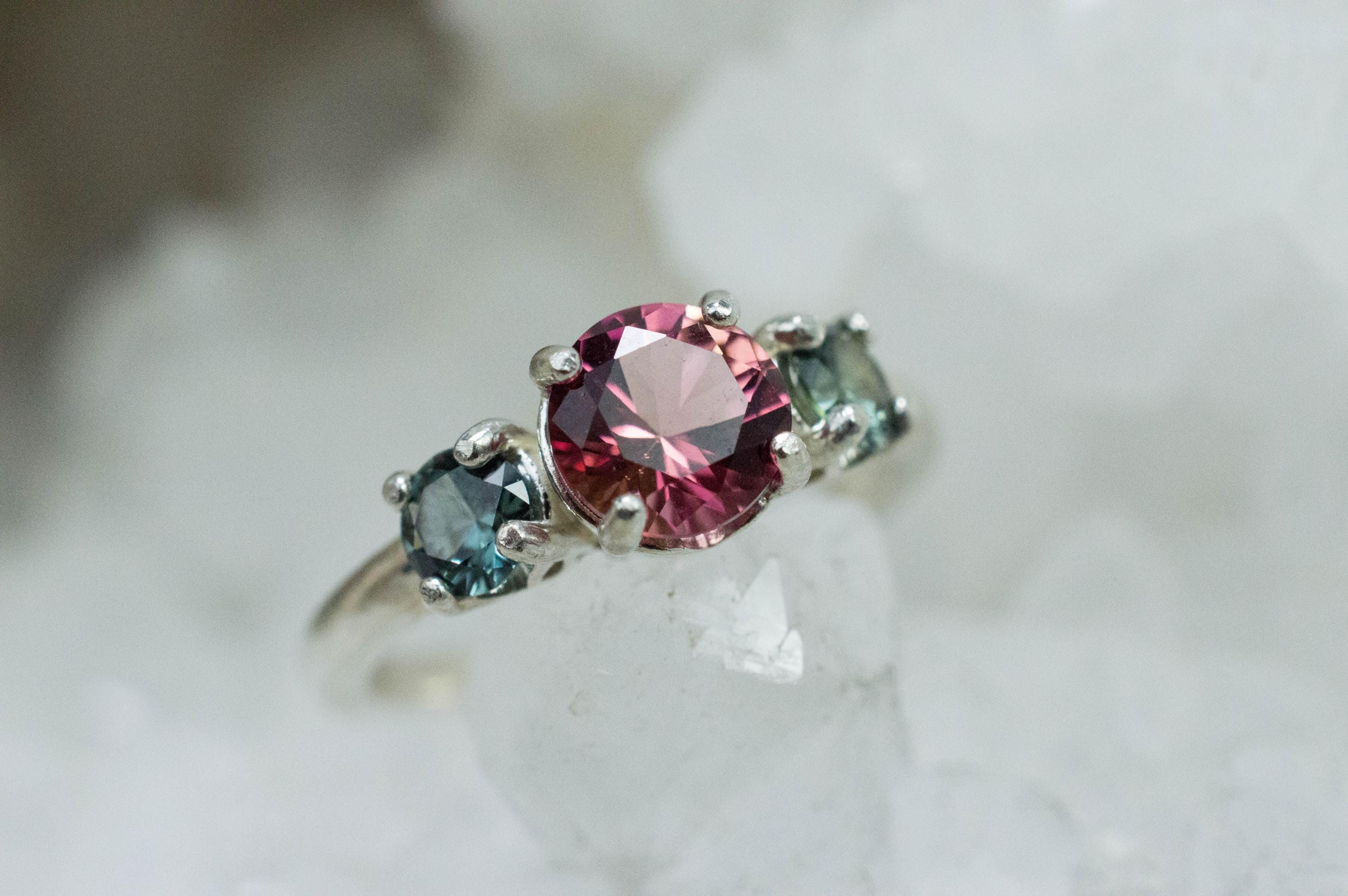 Pink Tourmaline and Sapphire Ring, Natural Untreated Tourmaline Teal Sapphire