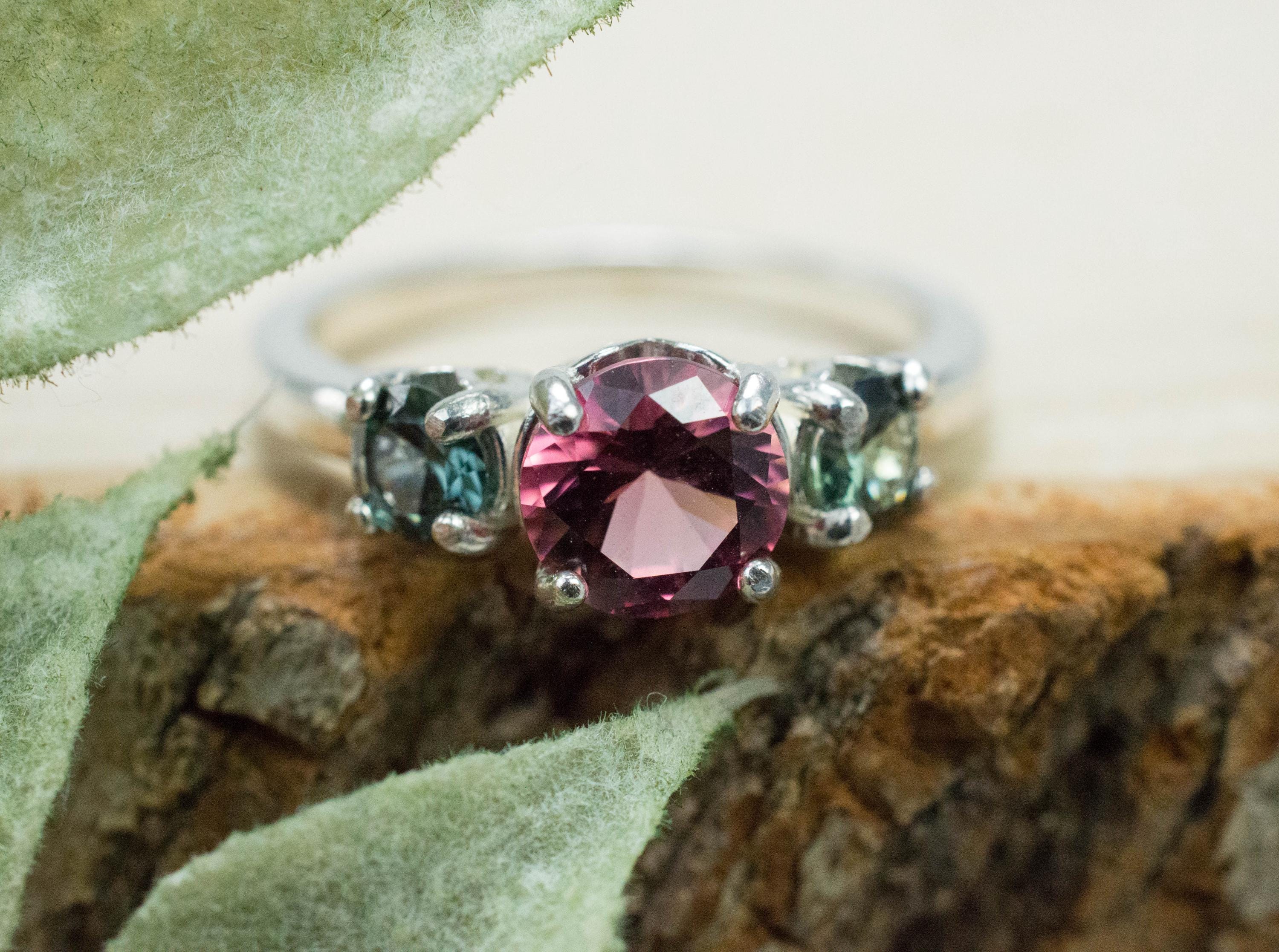 Pink Tourmaline and Sapphire Ring, Natural Untreated Tourmaline Teal Sapphire