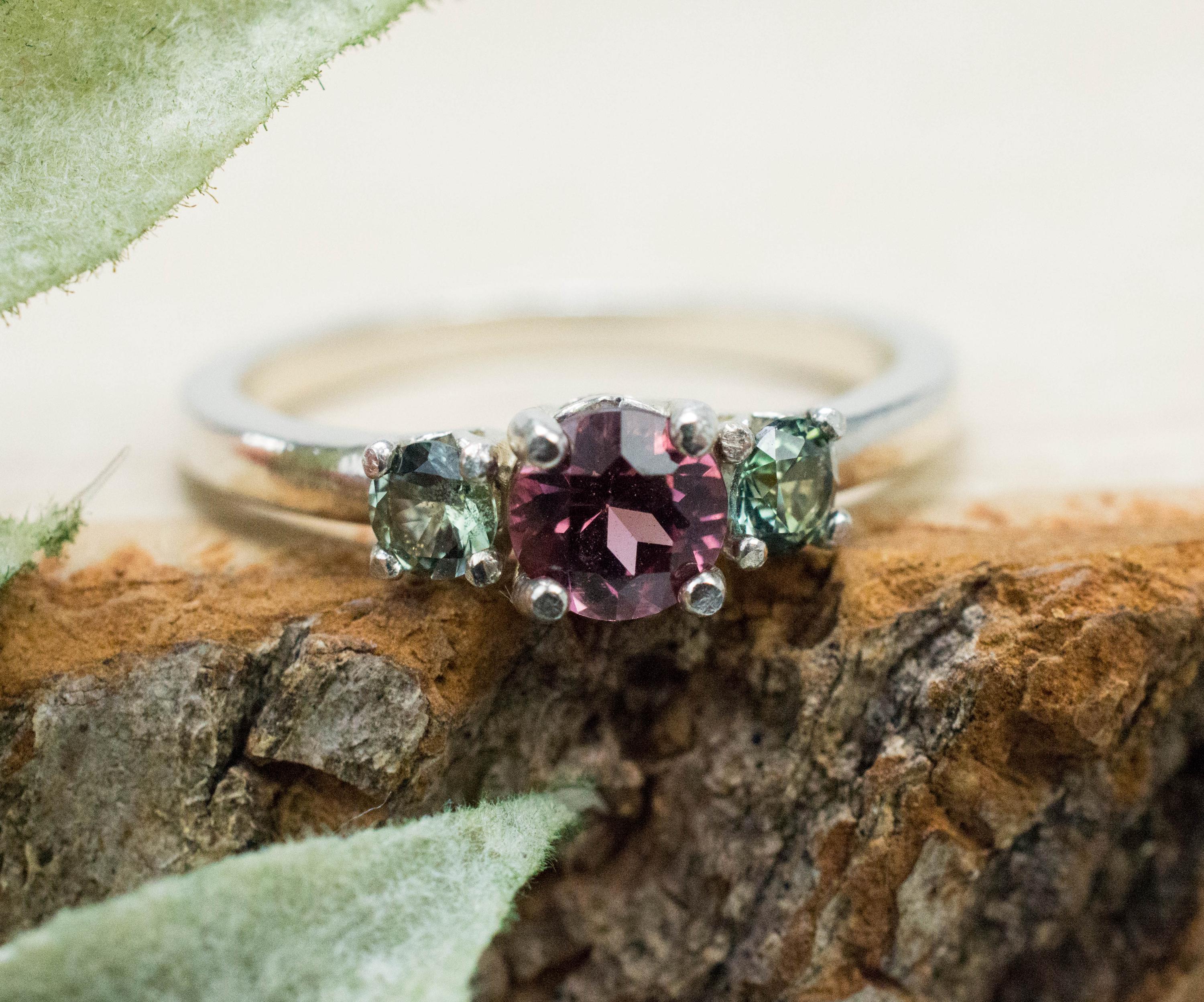 Rhodolite and Sapphire Ring, Natural Untreated Tanzania Garnet and Madagascar Sapphire