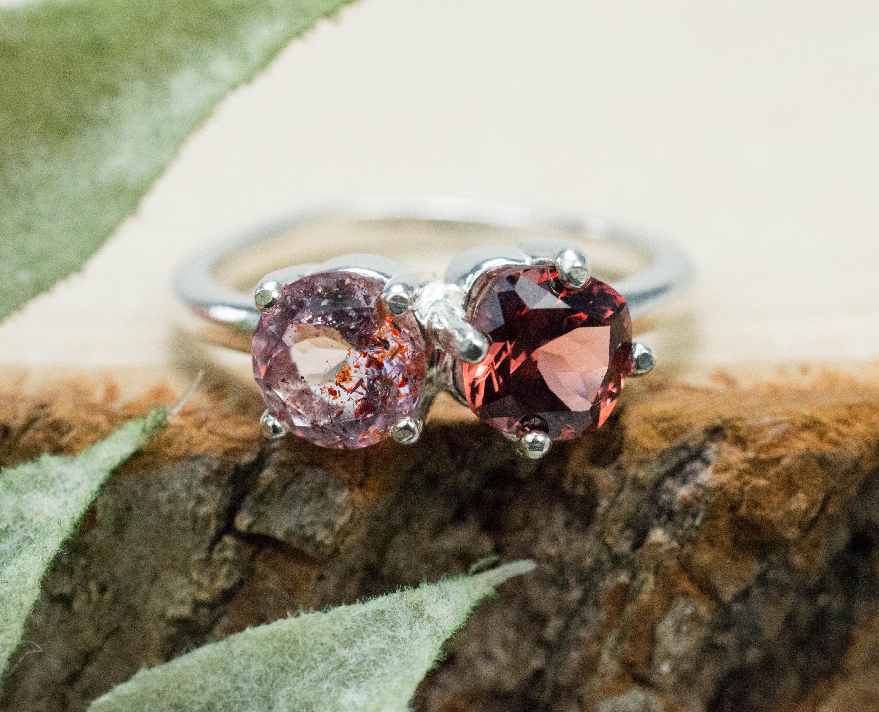 Hematite Quartz and Cinnamon Garnet Ring; Natural Untreated Garnet and Fire and Ice Quartz