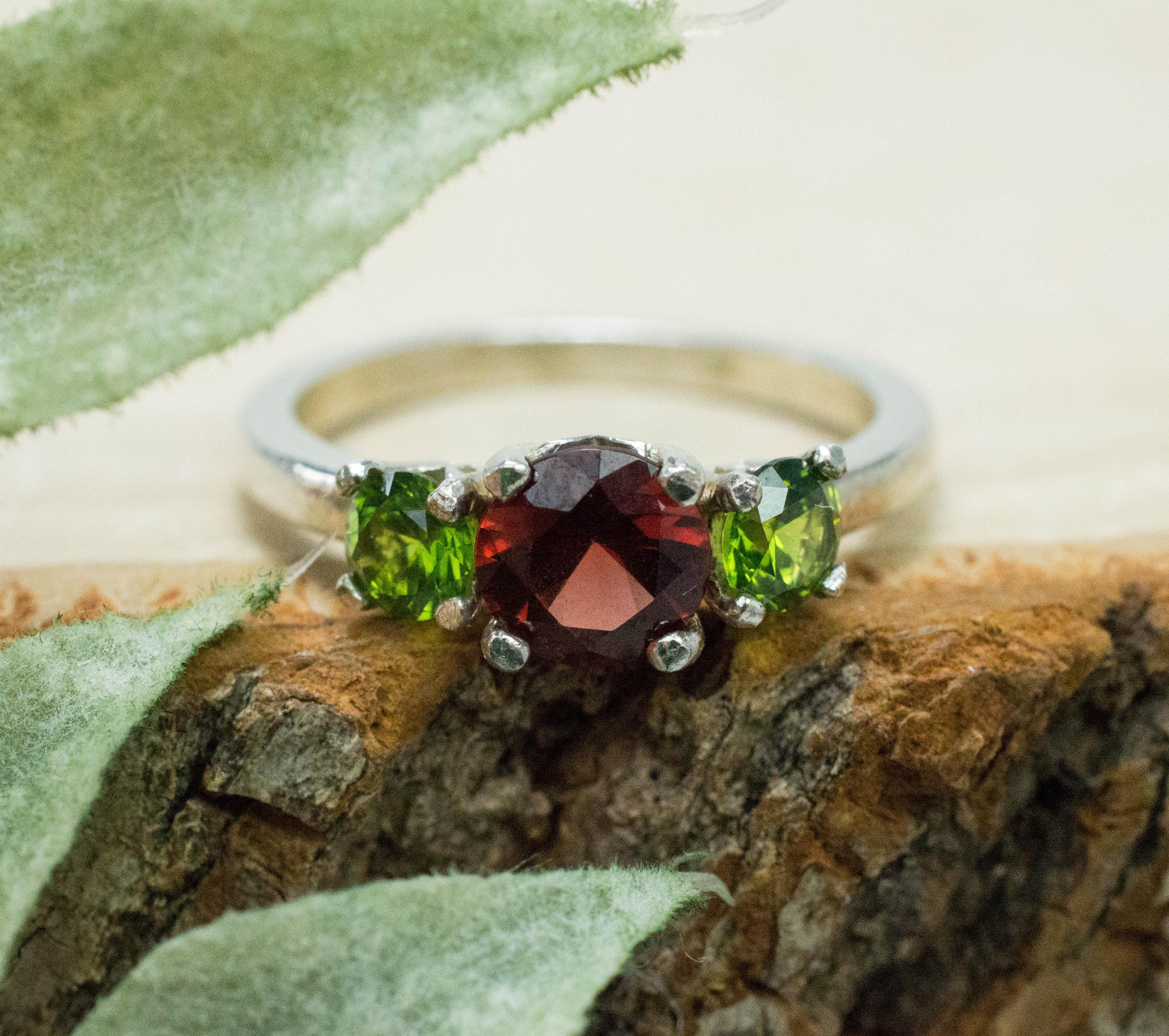 Pyrope Garnet and Green Zircon Ring; Genuine Untreated Garnet and Zircon