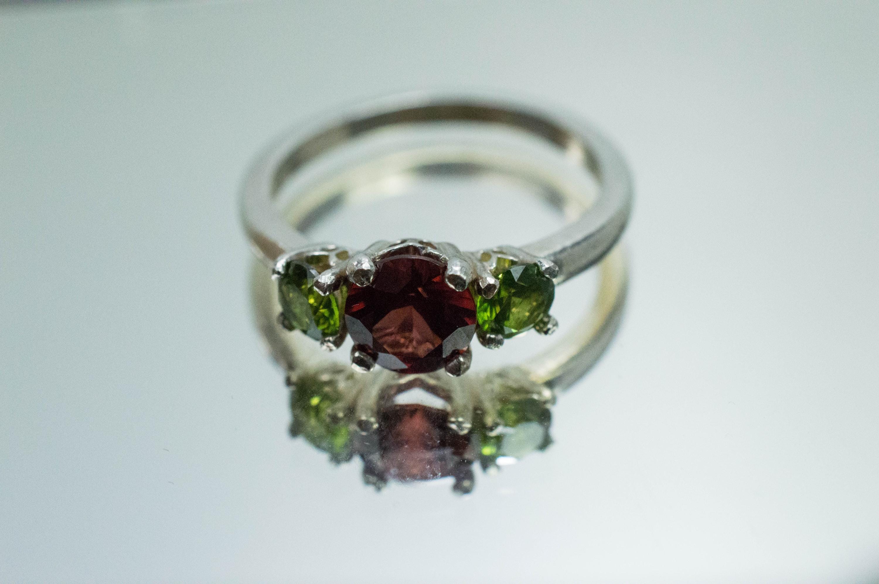 Pyrope Garnet and Green Zircon Ring; Genuine Untreated Garnet and Zircon