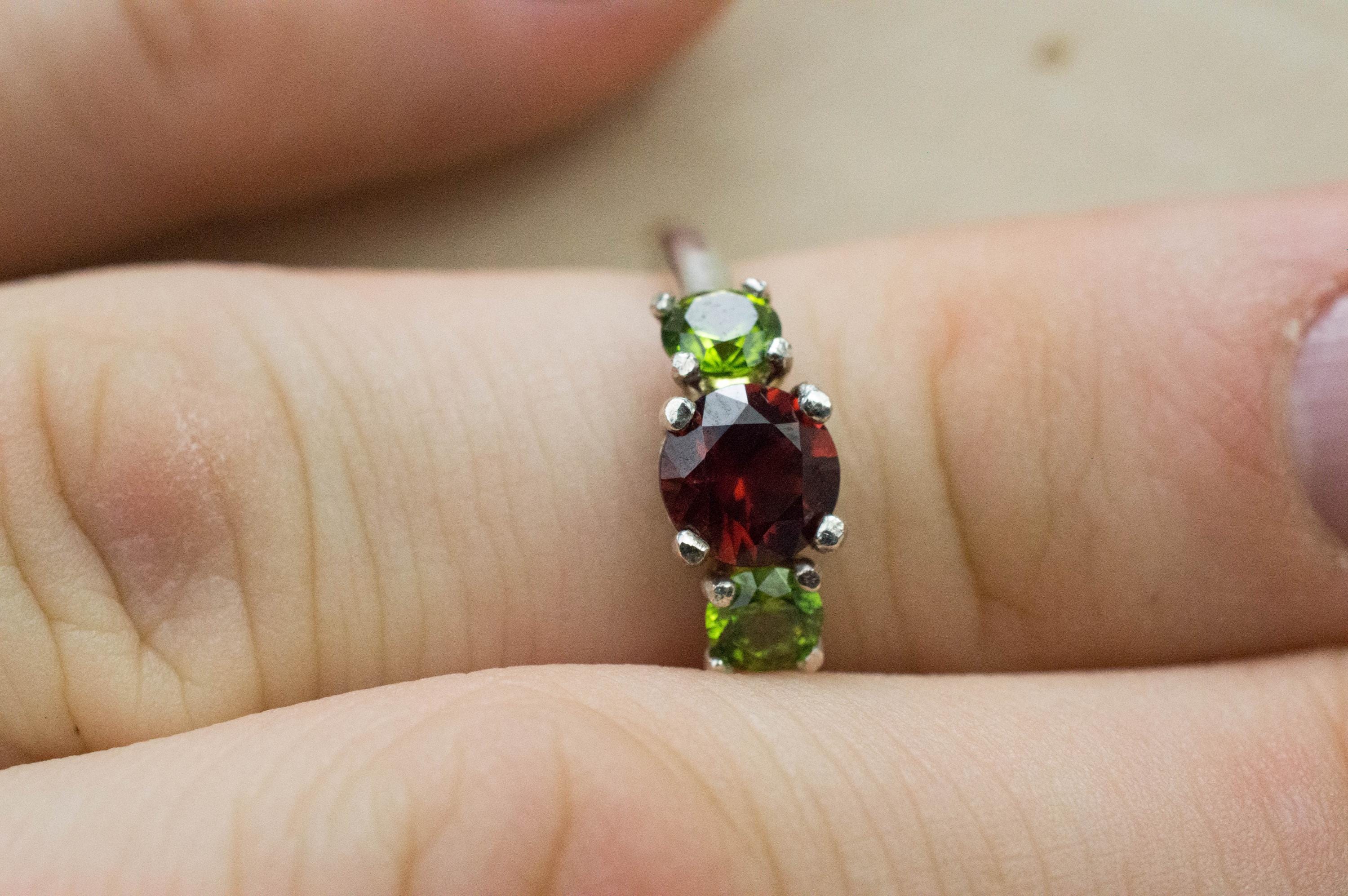 Pyrope Garnet and Green Zircon Ring; Genuine Untreated Garnet and Zircon