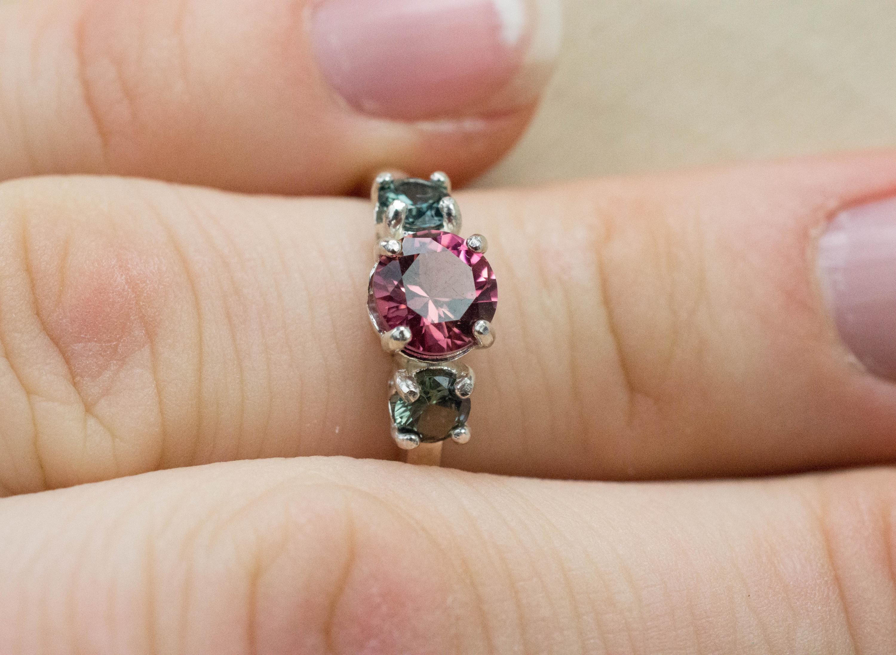 Pink Tourmaline and Sapphire Ring, Natural Untreated Tourmaline Teal Sapphire