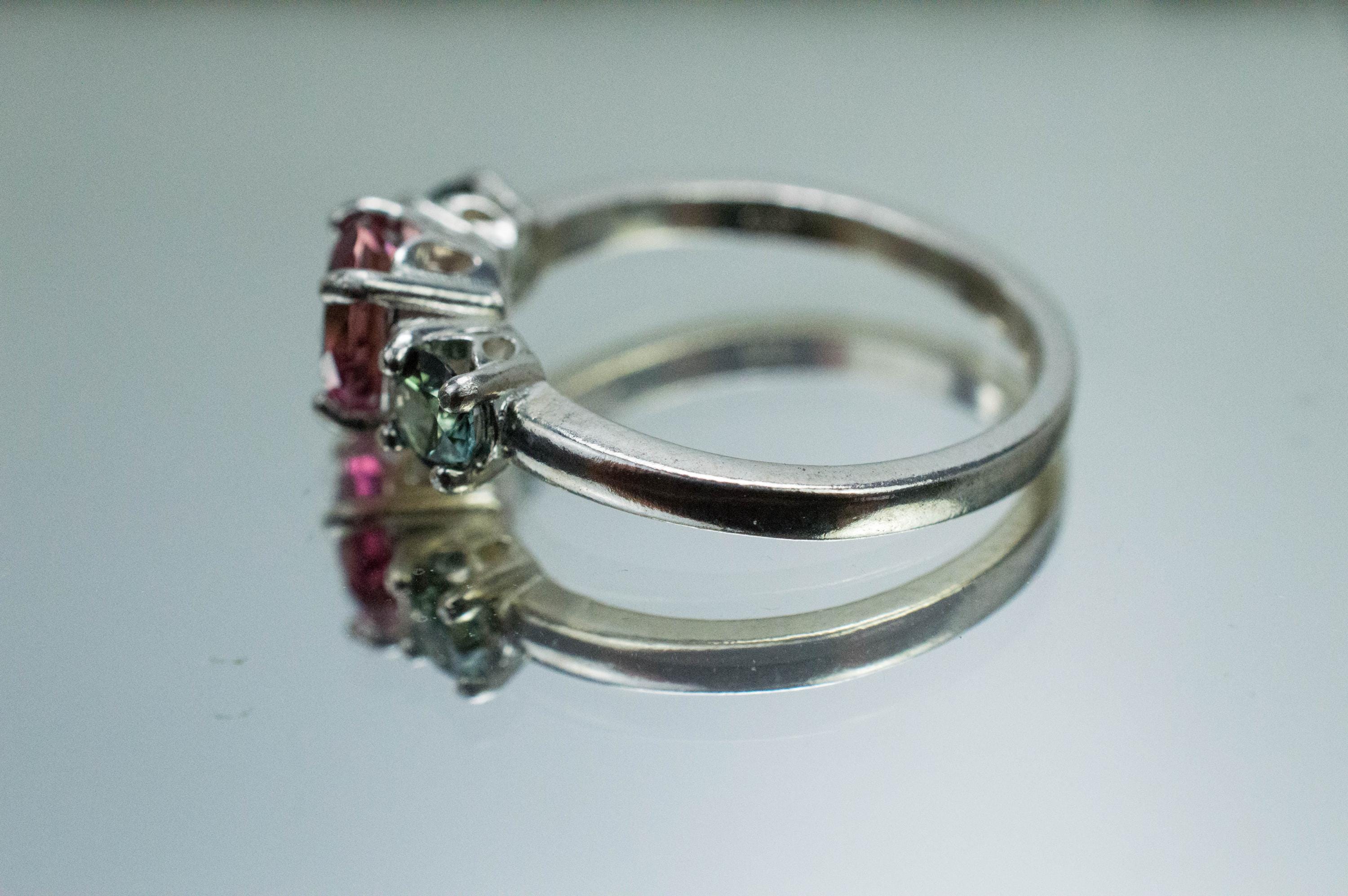 Pink Tourmaline and Sapphire Ring, Natural Untreated Tourmaline Teal Sapphire