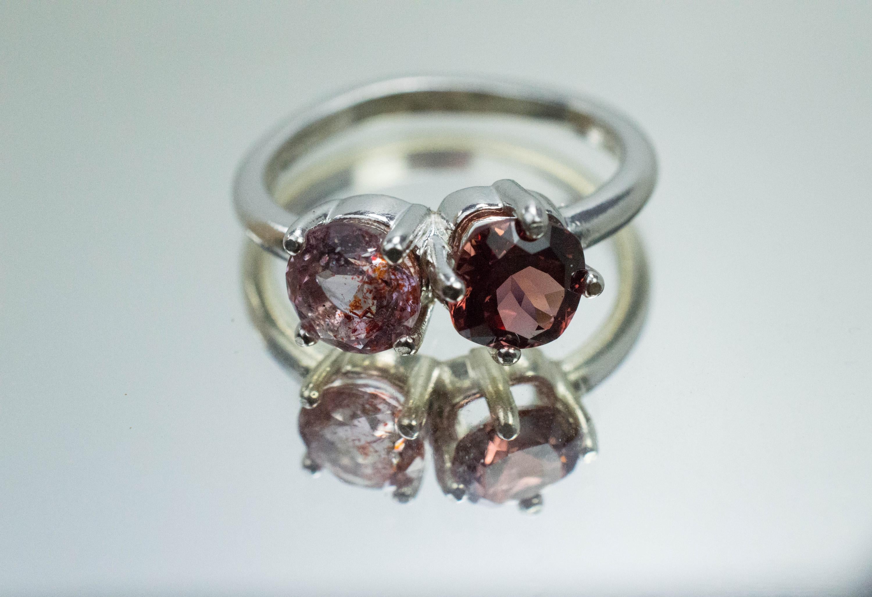 Hematite Quartz and Cinnamon Garnet Ring; Natural Untreated Garnet and Fire and Ice Quartz