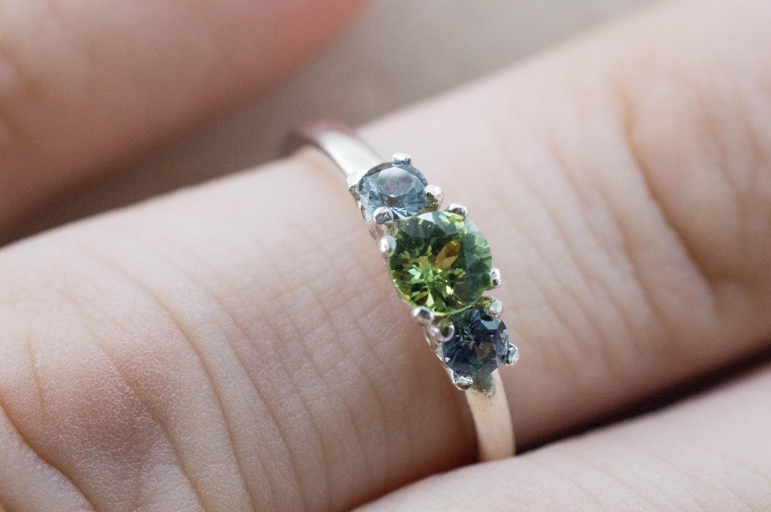 Demantoid Garnet and Sapphire Ring, Natural Untreated Namibia Demantoid and Montana Sapphire - Mark Oliver Gems