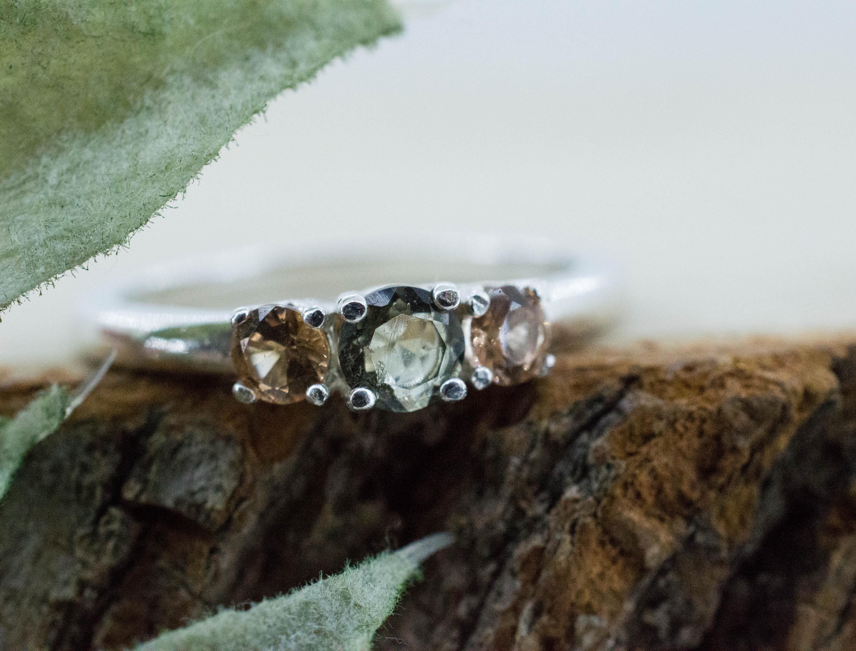 Moldavite and Hessonite Garnet Ring, Natural Untreated Moldavite and Garnet