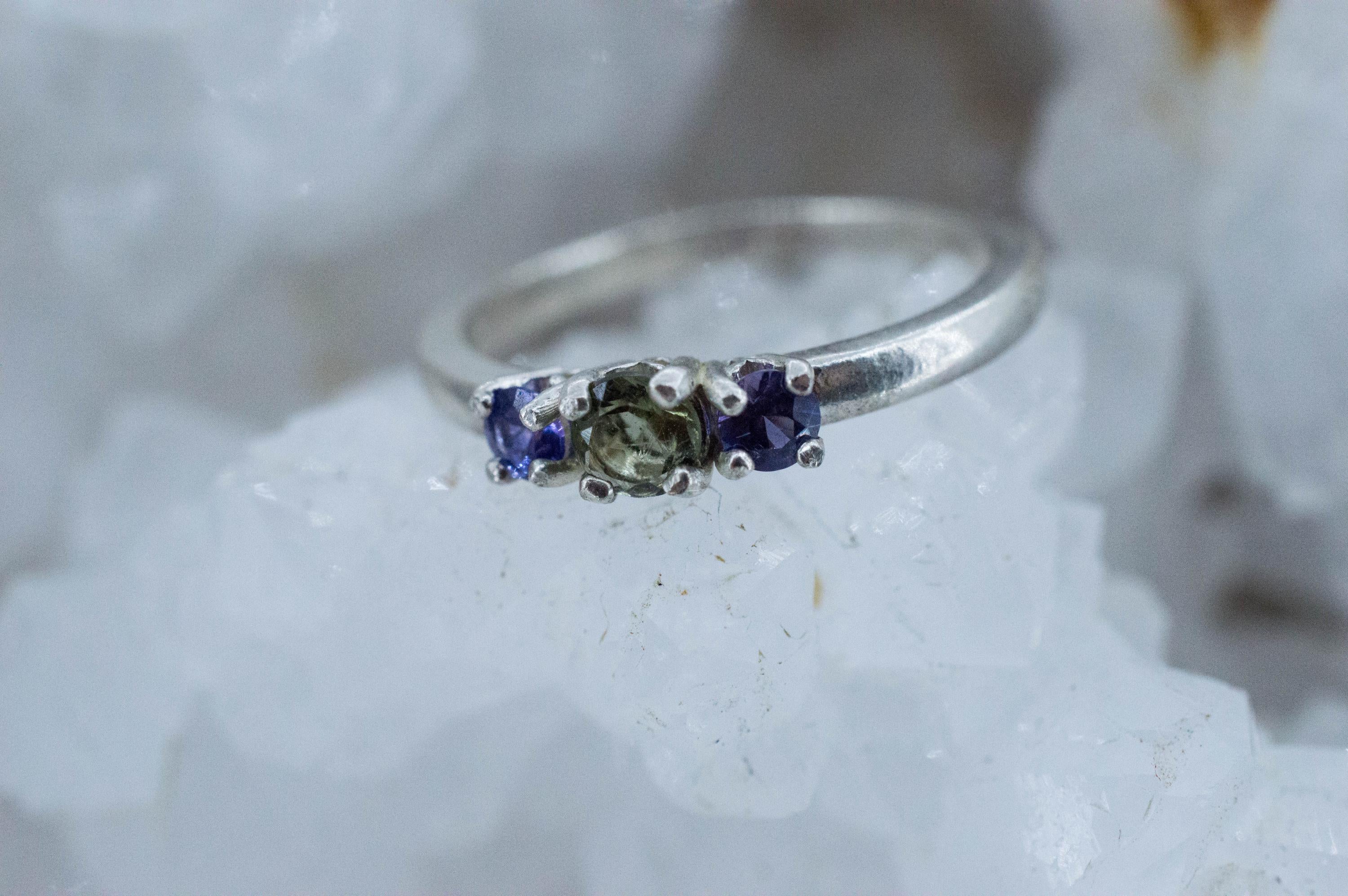 Moldavite and Sapphire Garnet Ring, Natural Untreated Moldavite and Garnet