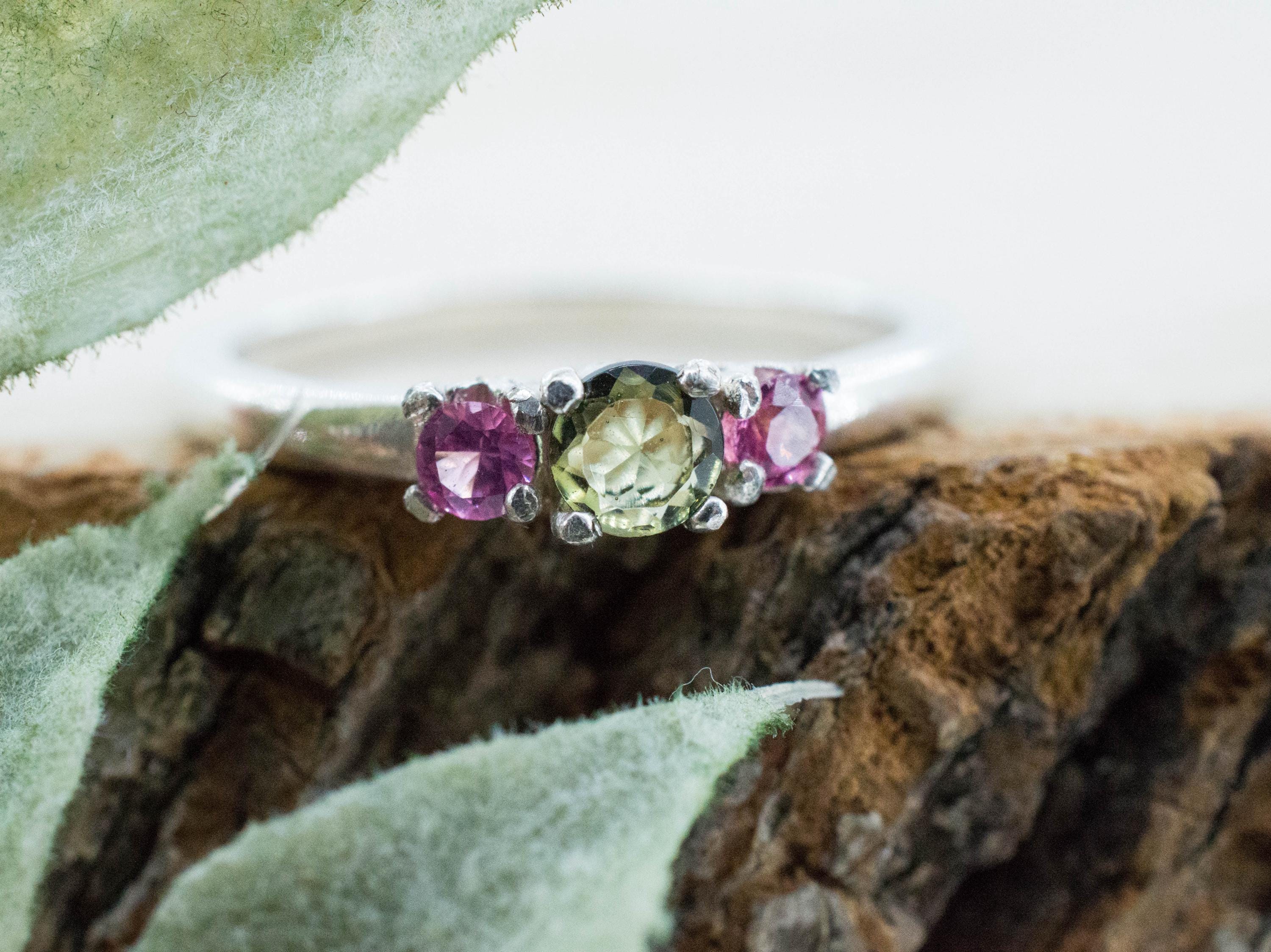 Moldavite and Pink Spinel Ring, Natural Untreated Moldavite and Garnet