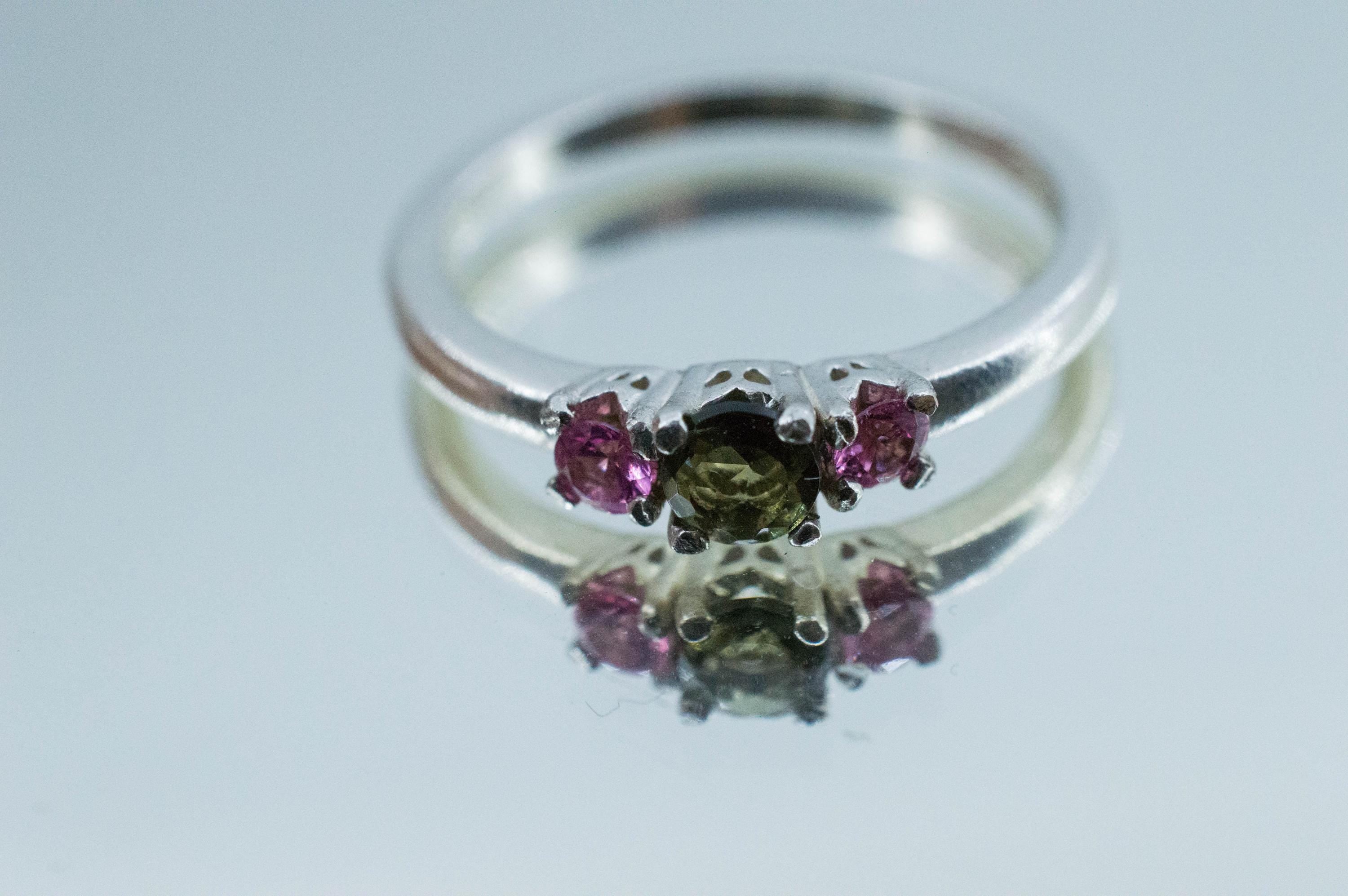 Moldavite and Pink Spinel Ring, Natural Untreated Moldavite and Garnet