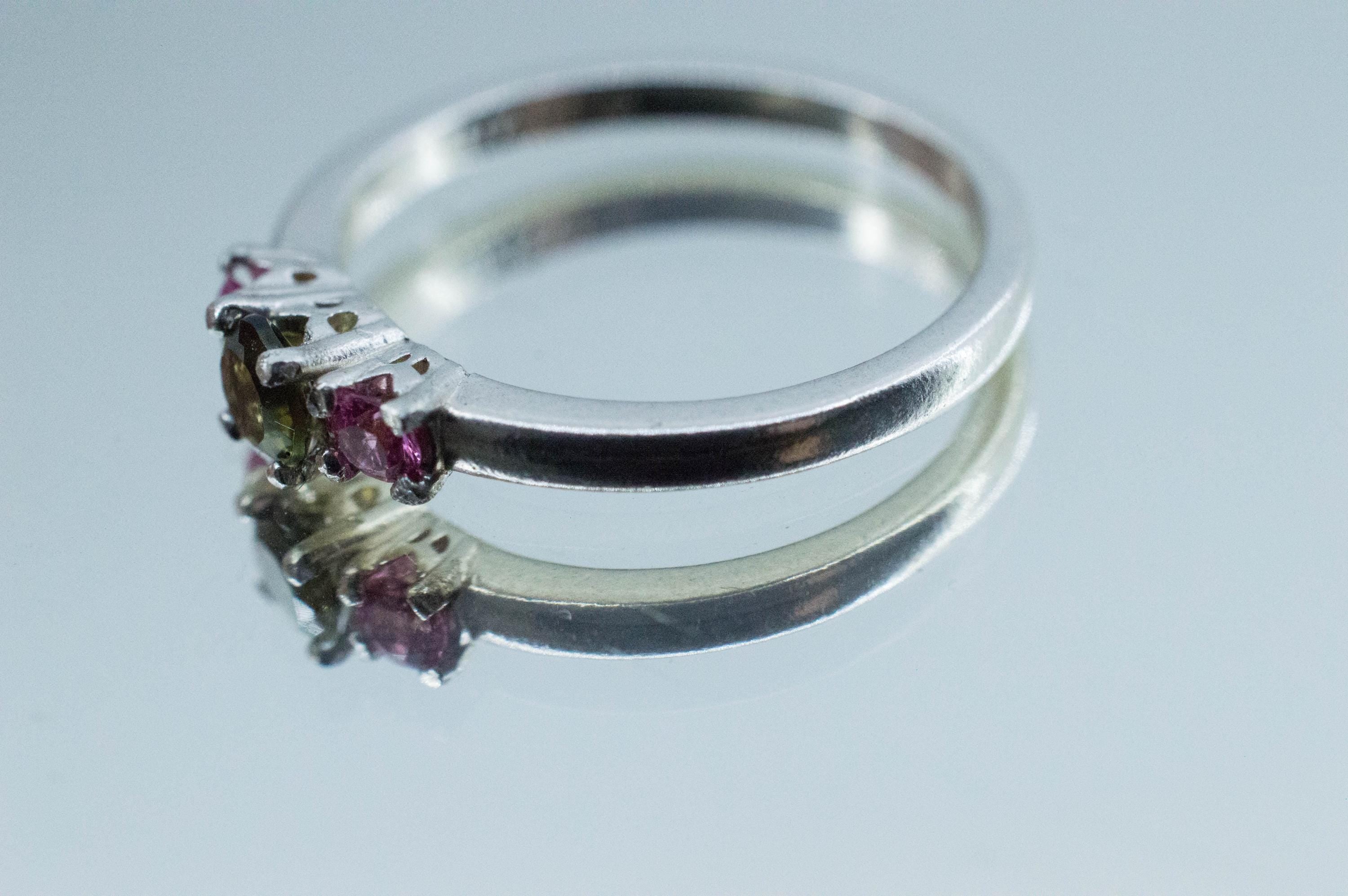 Moldavite and Pink Spinel Ring, Natural Untreated Moldavite and Garnet