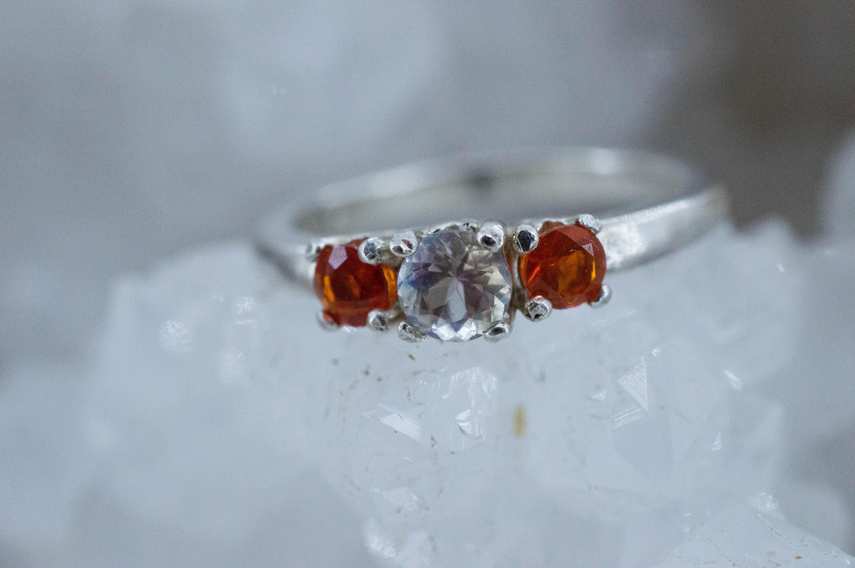 Rainbow Moonstone and Fire Opal Ring, Natural Untreated Madagascar Moonstone and Mexico Opal