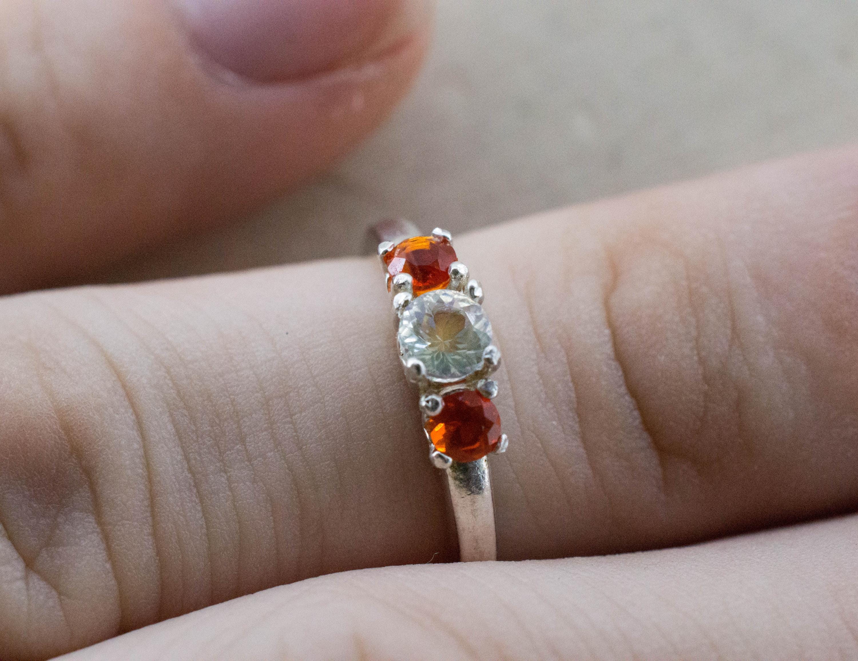 Rainbow Moonstone and Fire Opal Ring, Natural Untreated Madagascar Moonstone and Mexico Opal